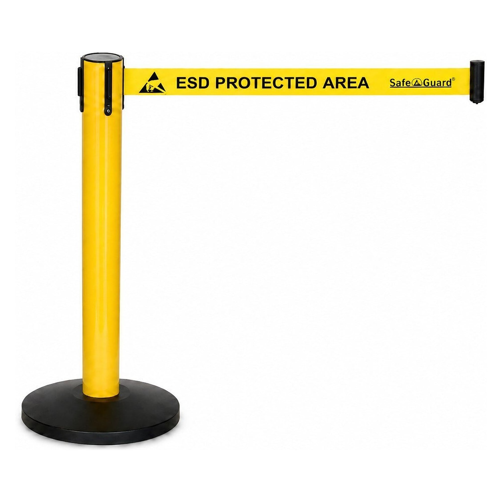 Lot de 2 poteaux de délimitation à sangle 5 m imprimée ESD PROTECTED AREA, jaune - Safeguard SG-GAP-GE-96cm-2PCs