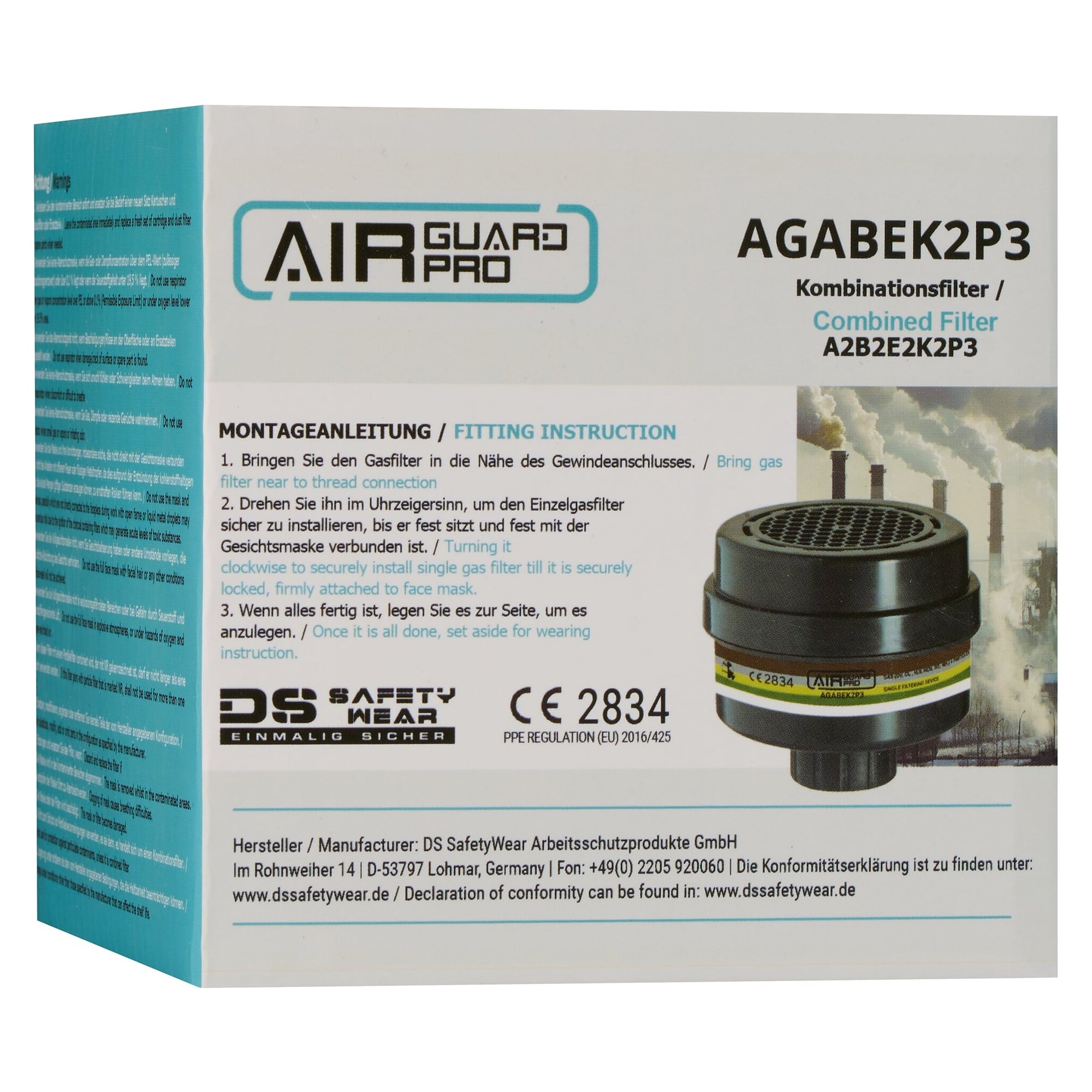 Kombifilter A2B2E2K2P3 mit RD40-Gewindeanschluss für Vollmaske AirGuard Pro AG700 - DS Safety Wear AGABEK2P3