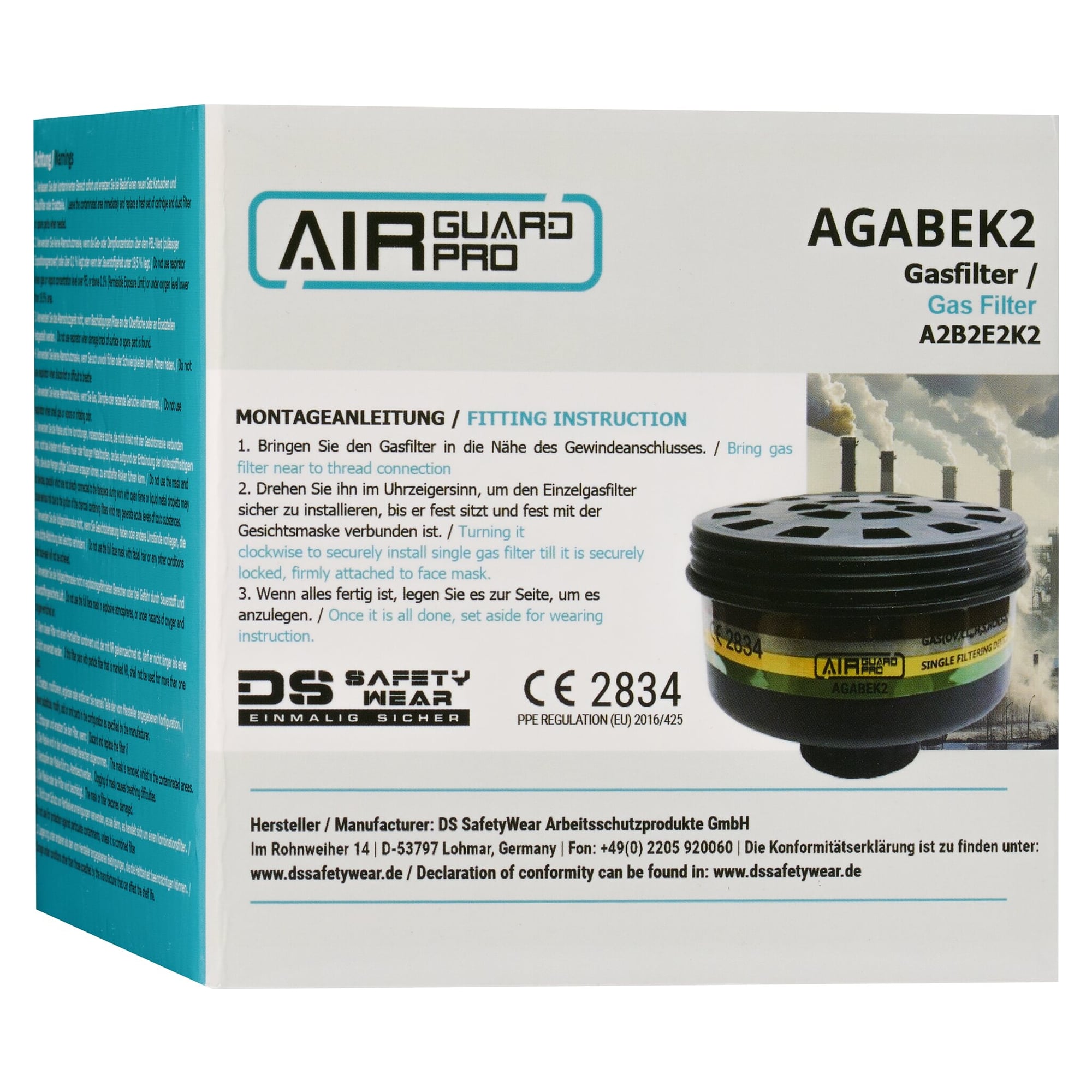 Gasfilter A2B2E2K2 mit RD40-Gewindeanschluss für Vollmaske AirGuard Pro AG700 - DS Safety Wear AGABEK2
