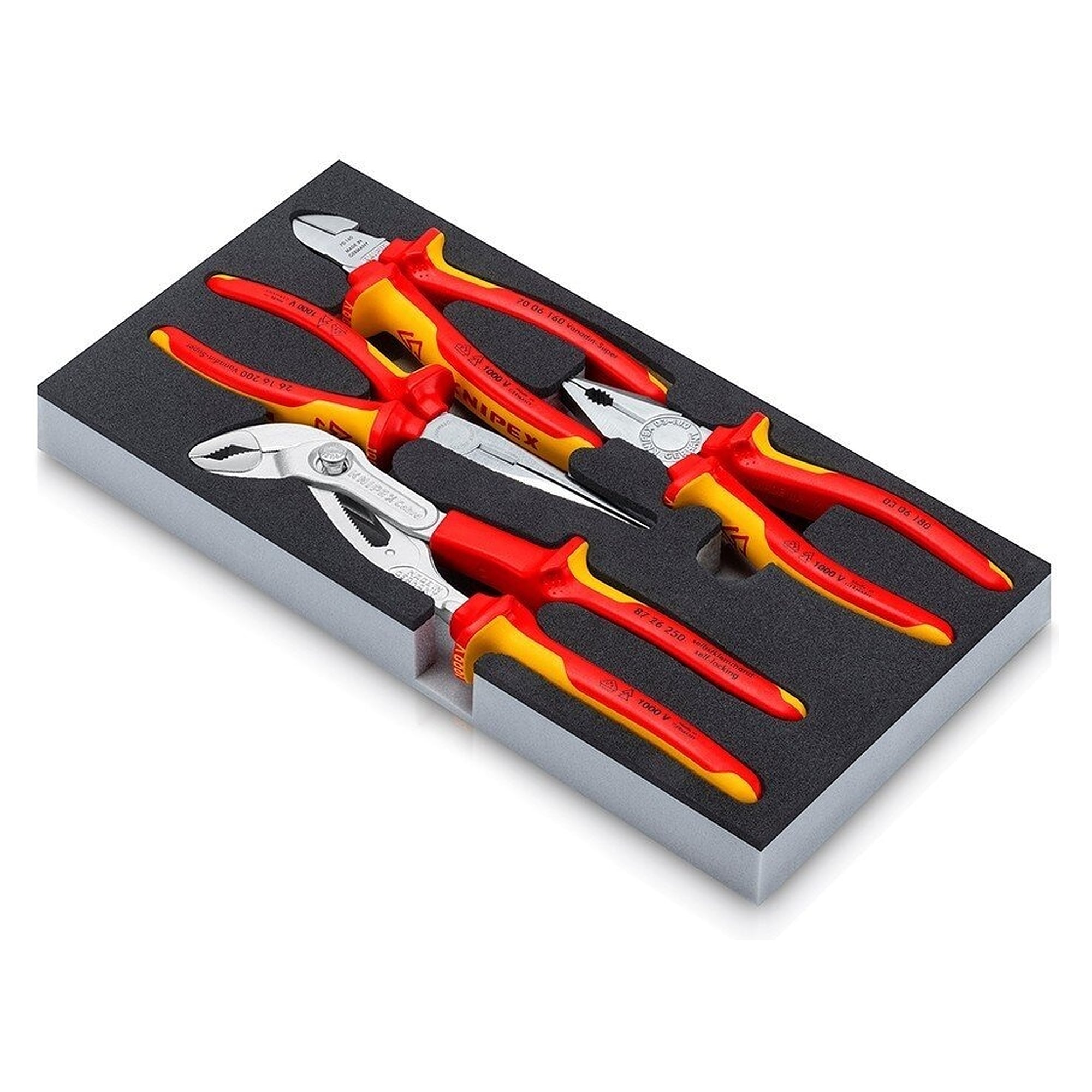 VDE Chrom II pliers set with 4 VDE pliers in foam insert for workshop trolleys - Knipex 00 20 01 V21