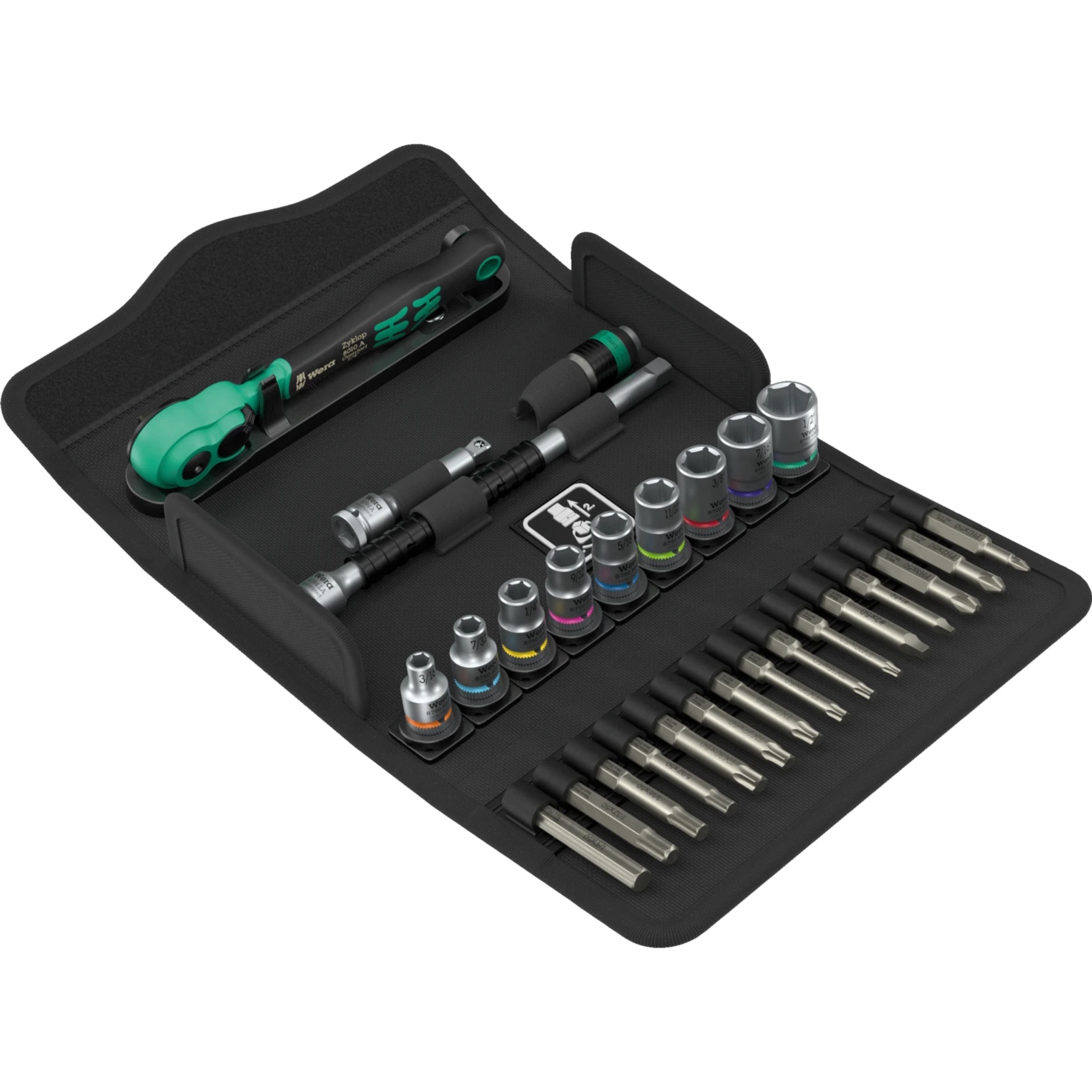 8100 SA 15 Jeu avec cliquet Zyklop Comfort, levier d'inversion, 1/4", impérial, 28 pièces - Wera 05005542001