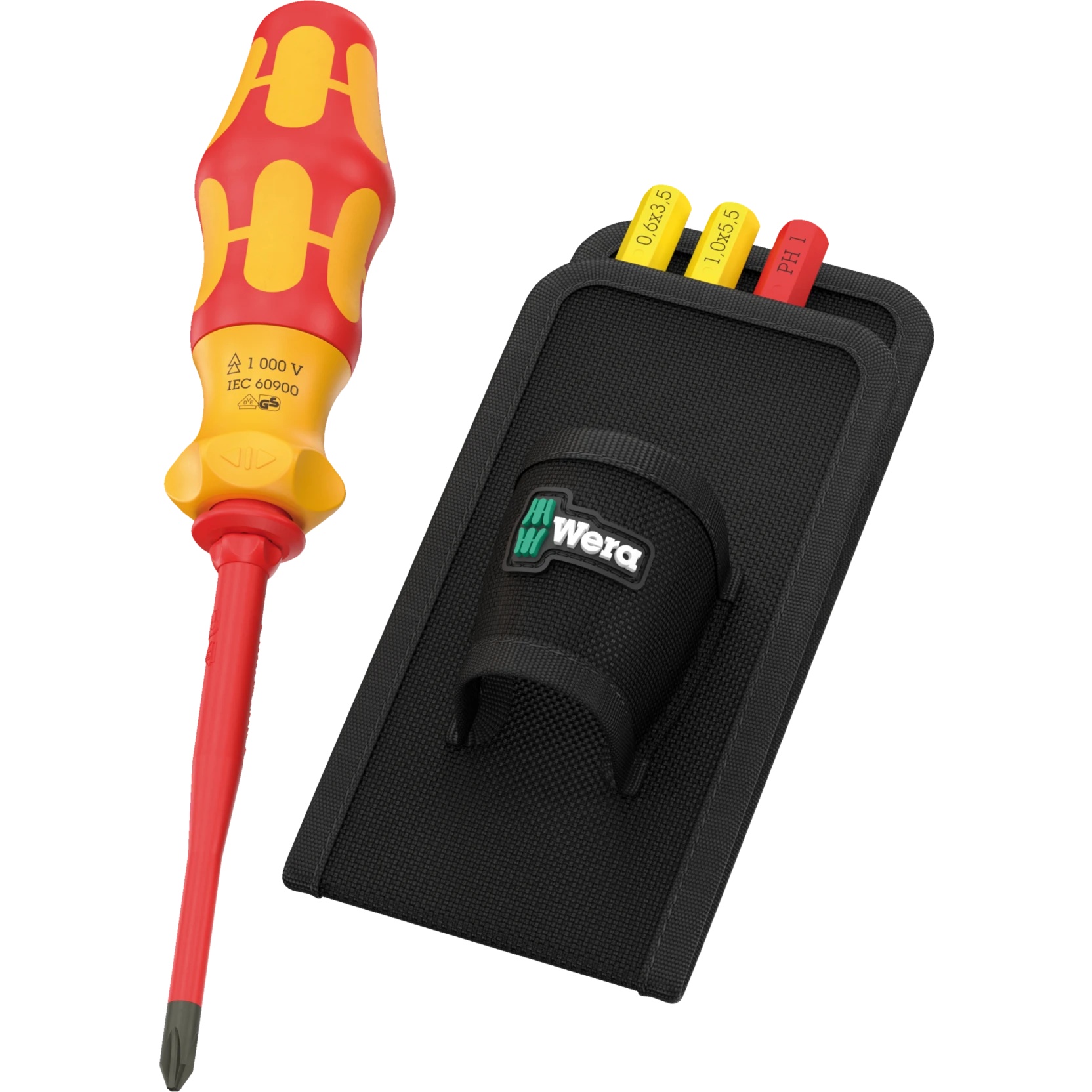 Jeu Kraftform Kompakt VDE GO RA 2 avec manche à cliquet et étui de ceinture, 5 pièces, PH et fente - Wera 05006621001