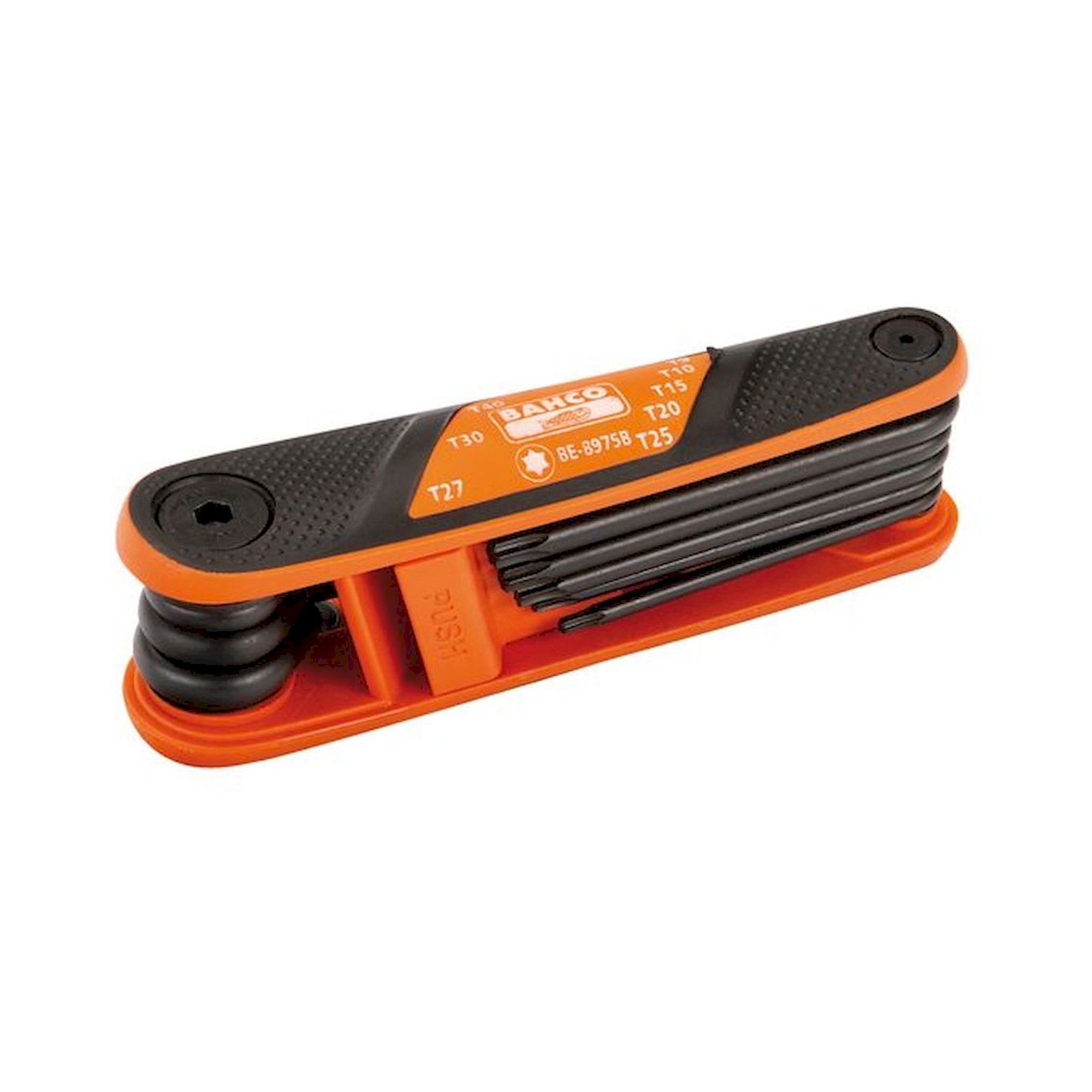 Bahco BE-8975B. Jeu de tournevis coudés TORX® dans un support en plastique, phosphaté, avec surface de préhension souple, 8 pièces