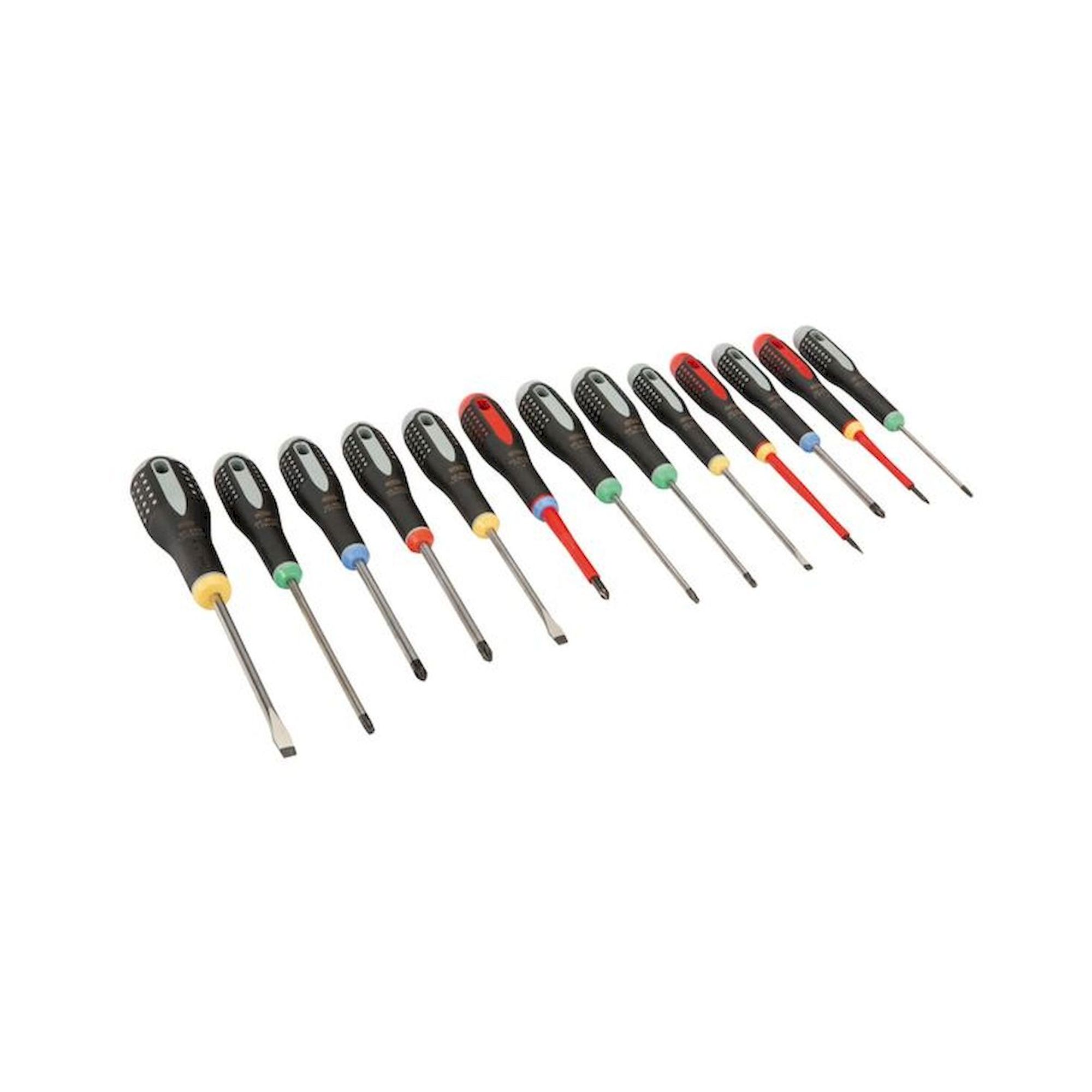 Bahco BE-9875. Jeu de tournevis ERGO™ pour vis à fente, Phillips, Pozidriv et TORX® avec manche caoutchouc, 13 pièces