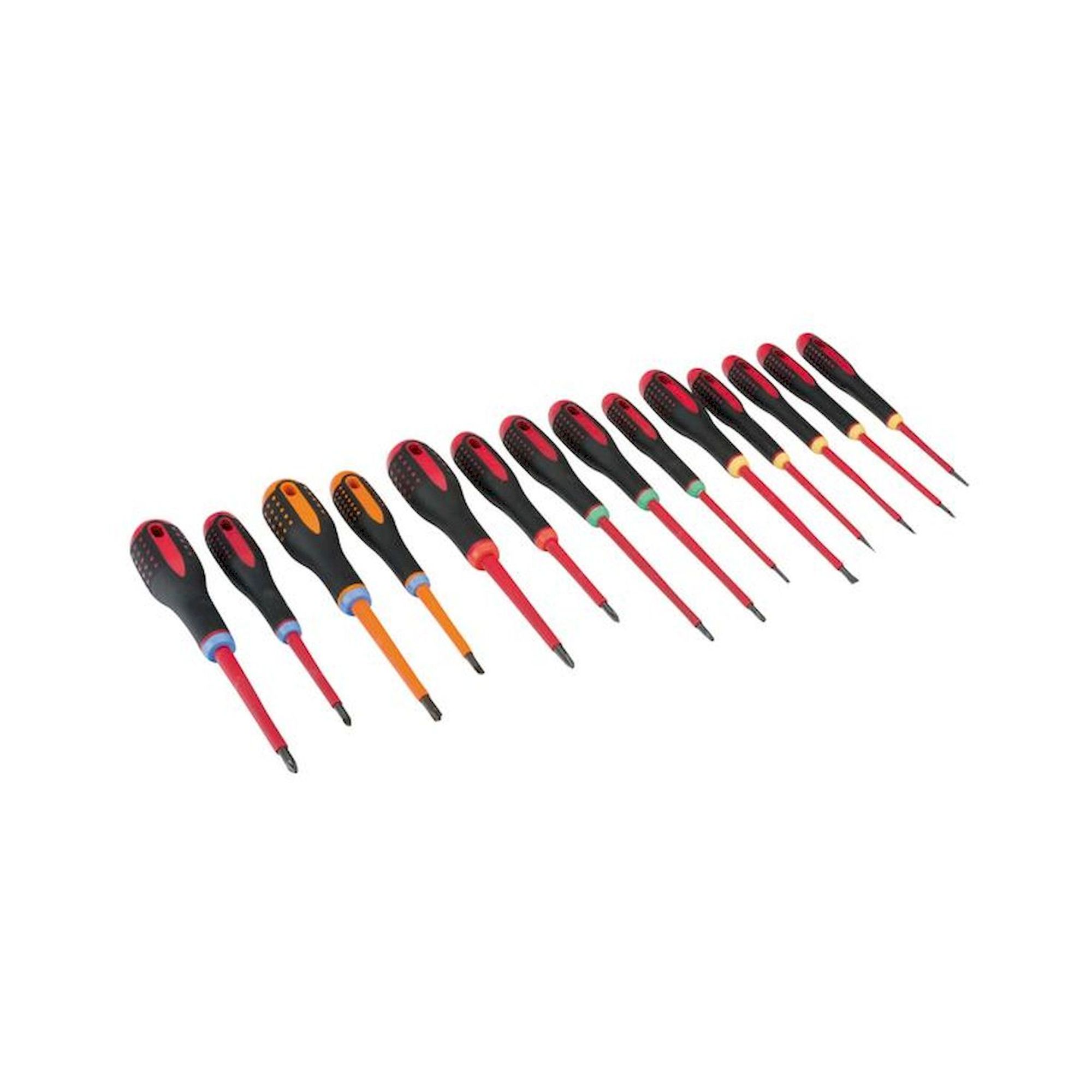 Bahco BE-9876S. Jeu de tournevis ERGO™ pour vis à fente, Phillips, Pozidriv, TORX® et pointes combinées pour vis Pozidriv avec manche caoutchouc, 14 pièces