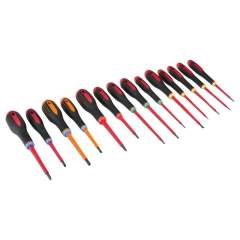 Bahco BE-9876S. Ergo Screwdriver set for slotted, Phillips, Pozidriv, Torx and combination tips for Pozidriv screws with rubber handle, 14 pieces