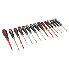 Bahco BE-9877. Ergo Screwdriver set for slotted, Phillips, Pozidriv and Torx screws with rubber handle, 15 pieces