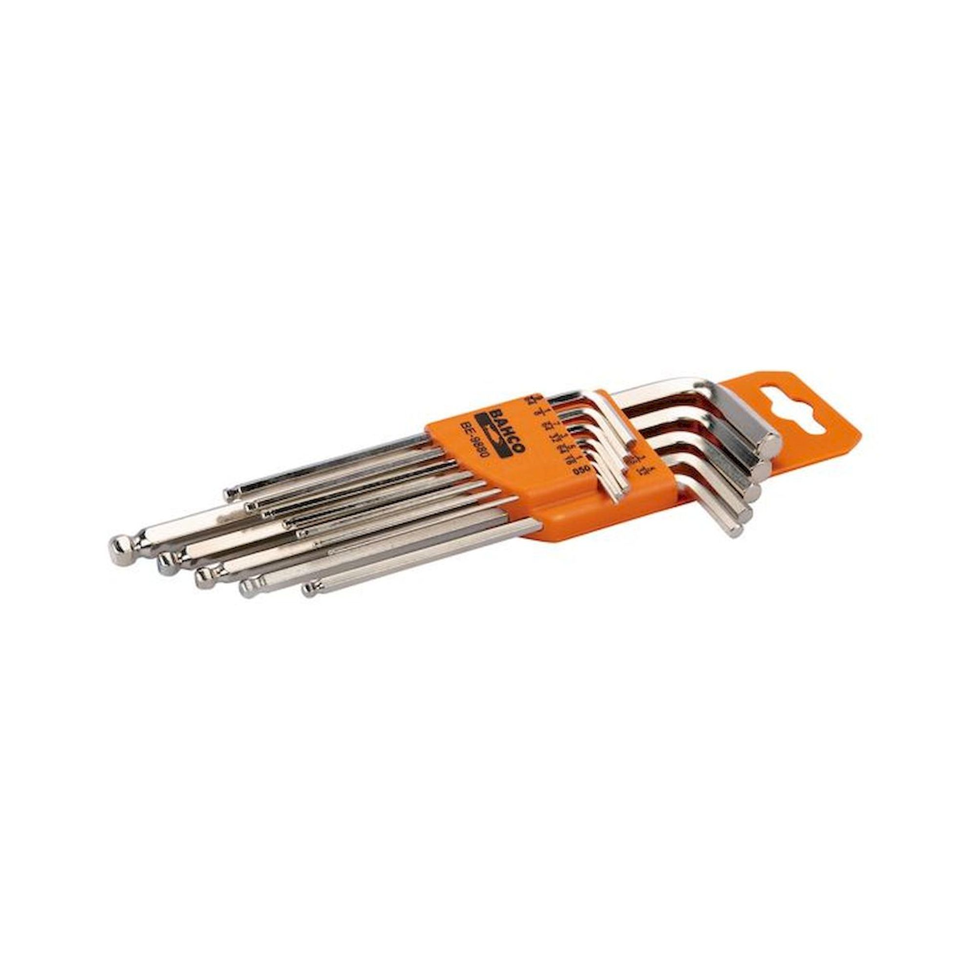 Bahco BE-9880. Jeu de tournevis coudés à tête sphérique, modèle long, nickelé, pouces, 12 pièces