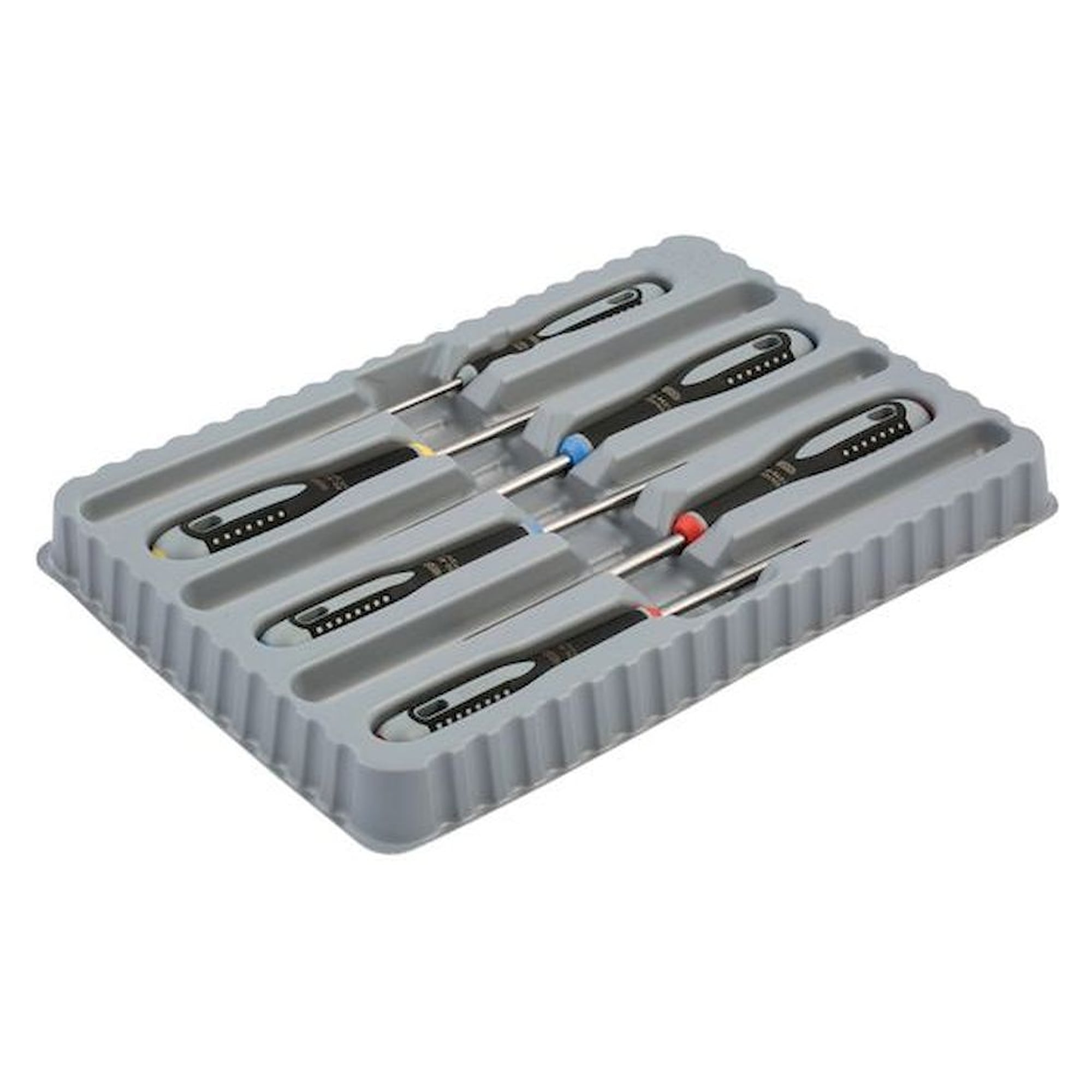 Bahco BE-9886. Ergo Screwdriver set for slotted, Phillips and Pozidriv screws, straight and flat, with 3-component handle, 6 pieces