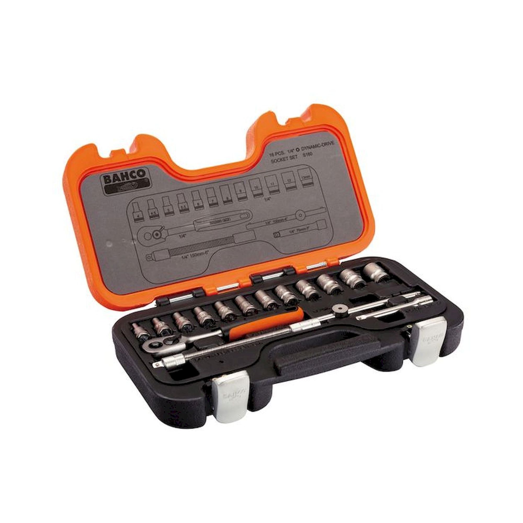 Bahco S160. 1/4" socket wrench set, metric, hexagon, including reversible ratchet, 16 pieces