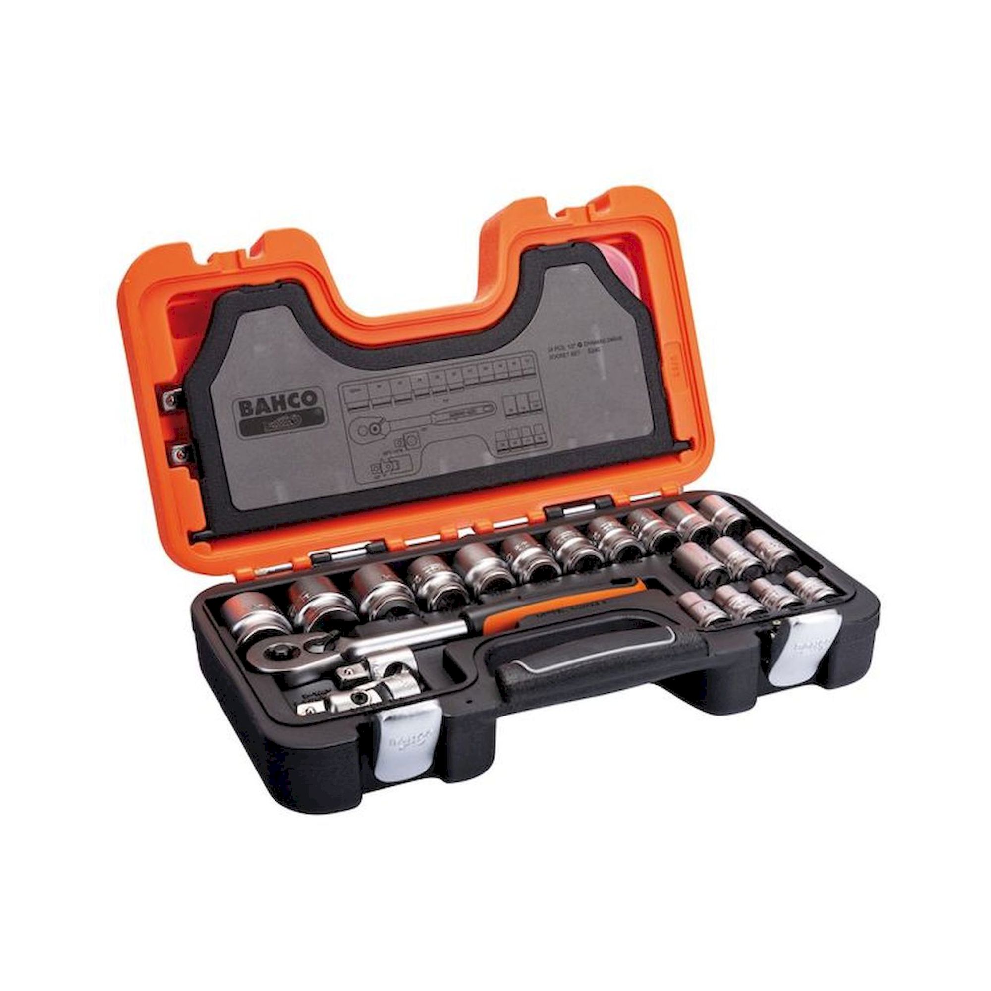 Bahco S240. 1/2" socket wrench set, metric, hexagon, including reversible ratchet, 24 pieces