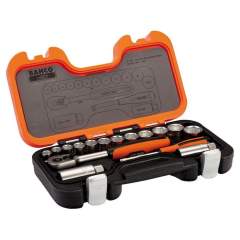 Bahco S330. 1/4" and 3/8" socket wrench set, metric, hexagon, including reversible ratchet, 34 pieces