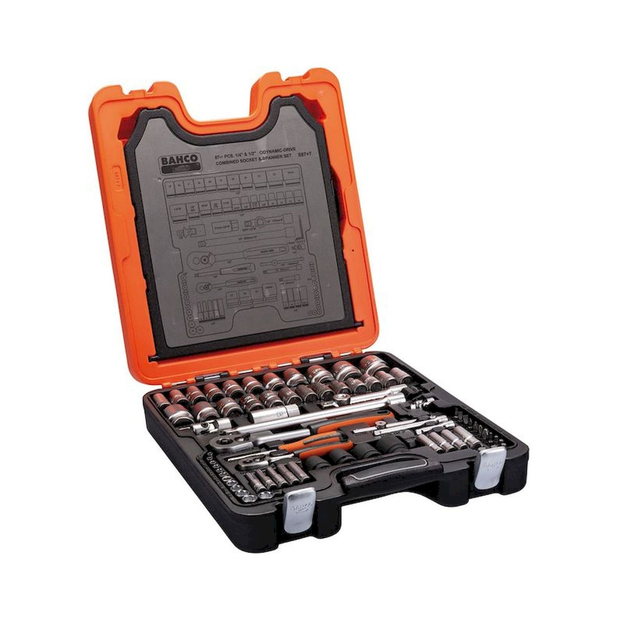 Bahco S87+7. 1/4" and 1/2" socket wrench set including combination wrenches, 92 pieces