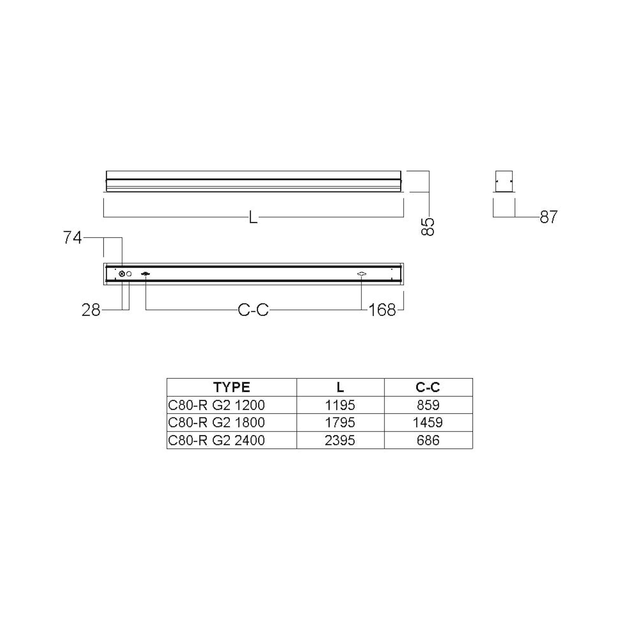 Glamox C80-R2400 recessed luminaire, 7791 lm, 4000 K, switchable