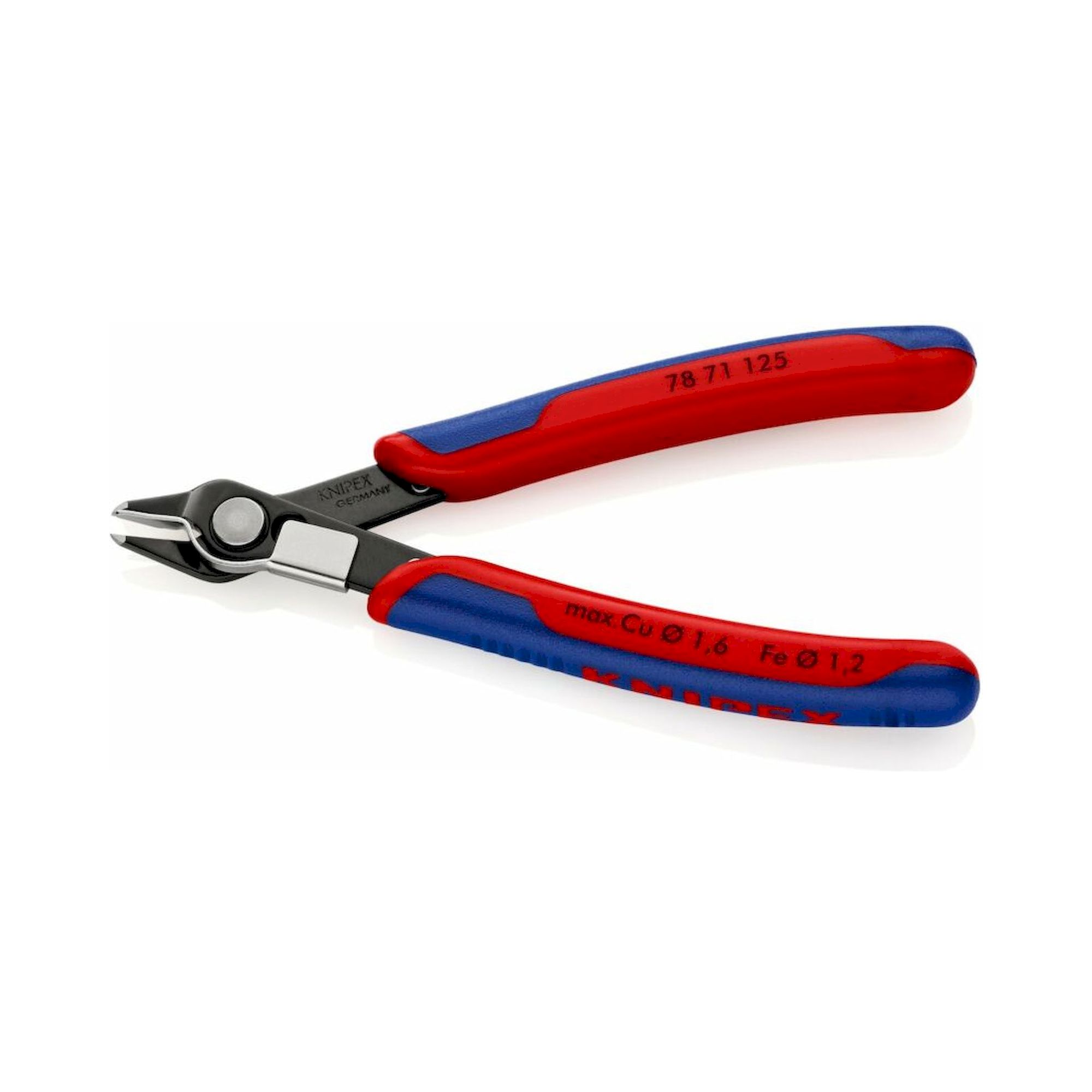 Knipex 78 71 125 SB. Electronic Super Knips® mit Öffnungsfeder und Drahtklemme, Mehrkomponenten-Hüllen, brüniert, 125 mm (SB-Karte/Blister)