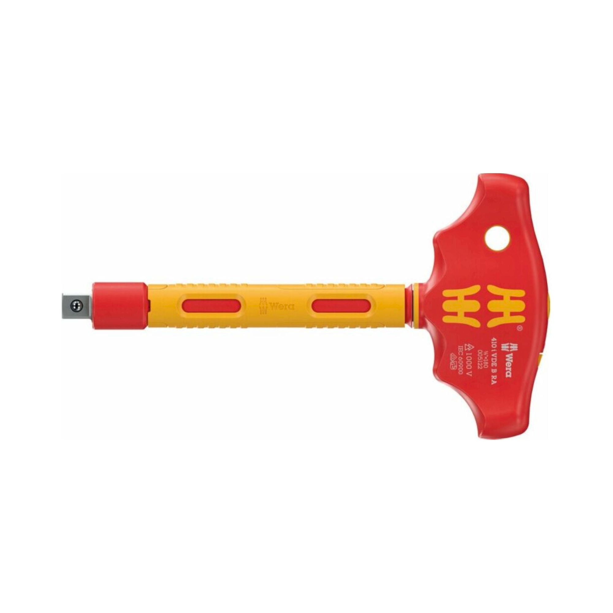Wera 05005122001. VDE-isolierter Quergriff-Adapterschraubendreher mit Ratschenfunktion für 3/8" Steckschlüsseleinsätze, 3/8" x 130 mm