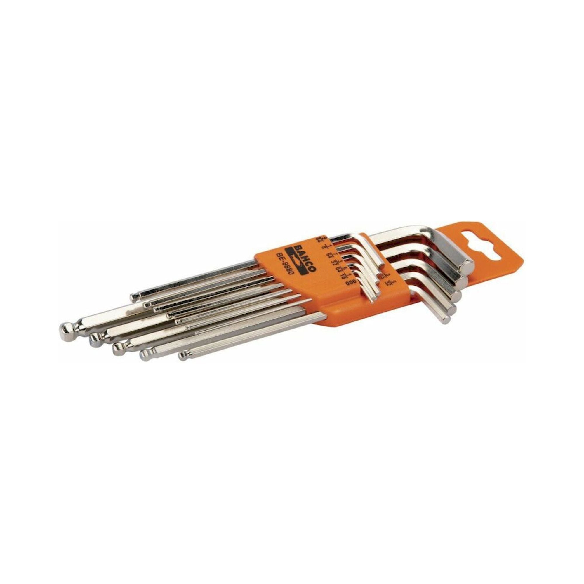 Bahco BE-9880. Offset screwdriver set with ball end, long version, nickel-plated, inches, 12 pieces