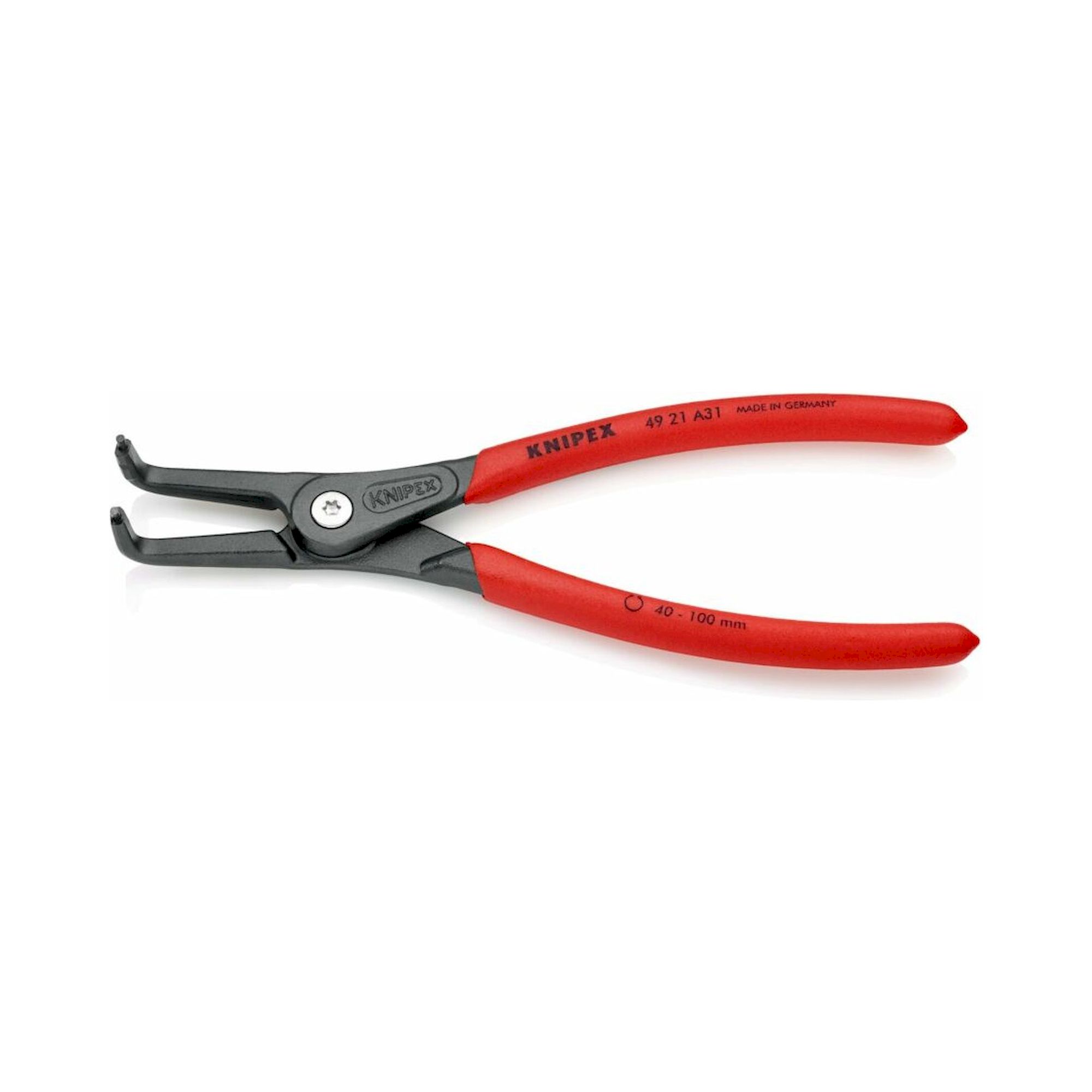 Knipex 49 21 A31 SB. Präzisions-Sicherungsringzange für Außenringe auf Wellen mit rutschhemmendem Kunststoff überzogen, 90° abgewinkelt, grau, atramentiert 210 mm (SB-Karte/Blister)