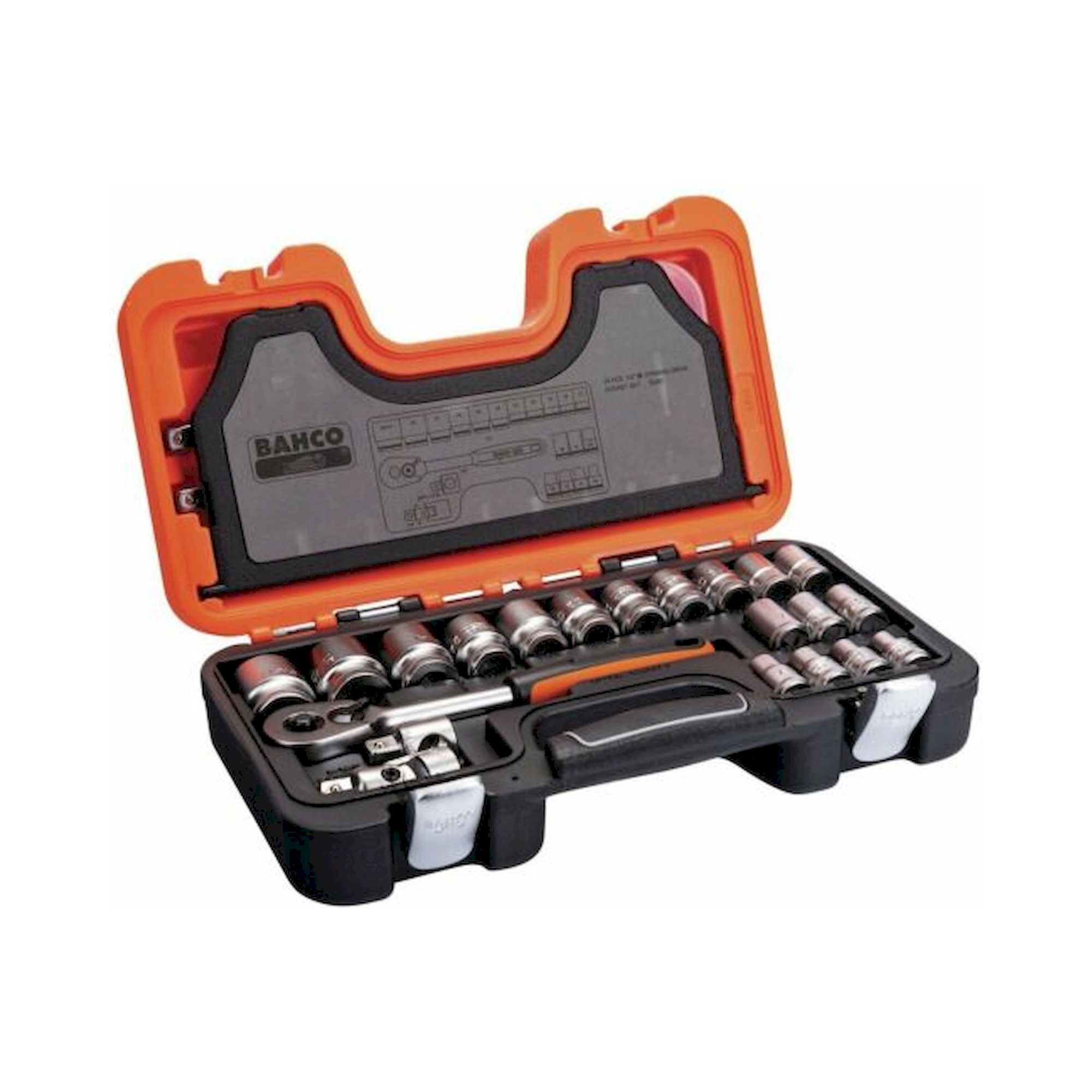 Bahco S240. 1/2" Steckschlüssel-Satz, metrisch, Sechskant, inklusive Umschaltknarre, 24-teilig