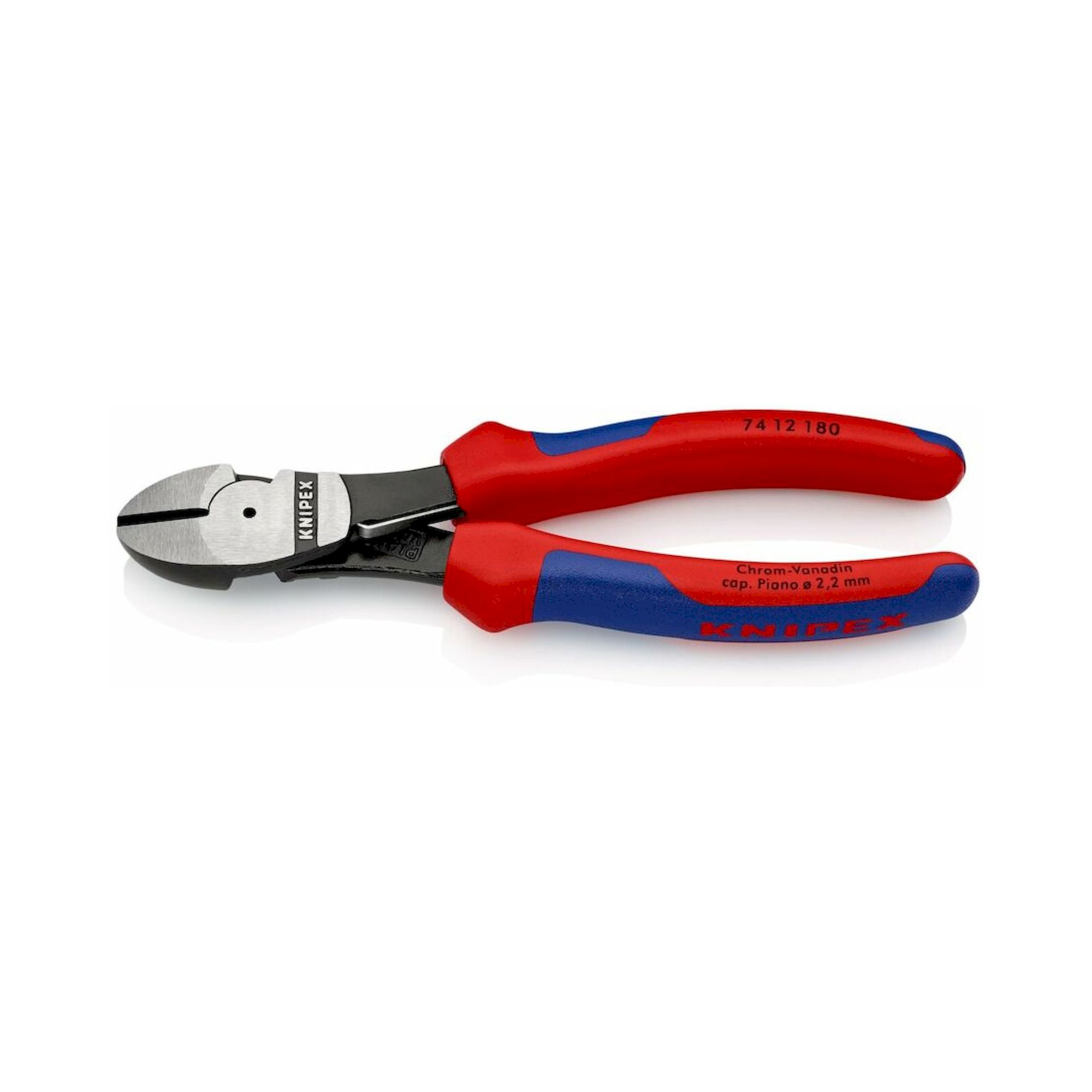 Knipex 74 12 180 SB. Kraft-Seitenschneider mit Öffnungsfeder und Mehrkomponenten-Hüllen, schwarz atramentiert, 180 mm (SB-Karte/Blister)