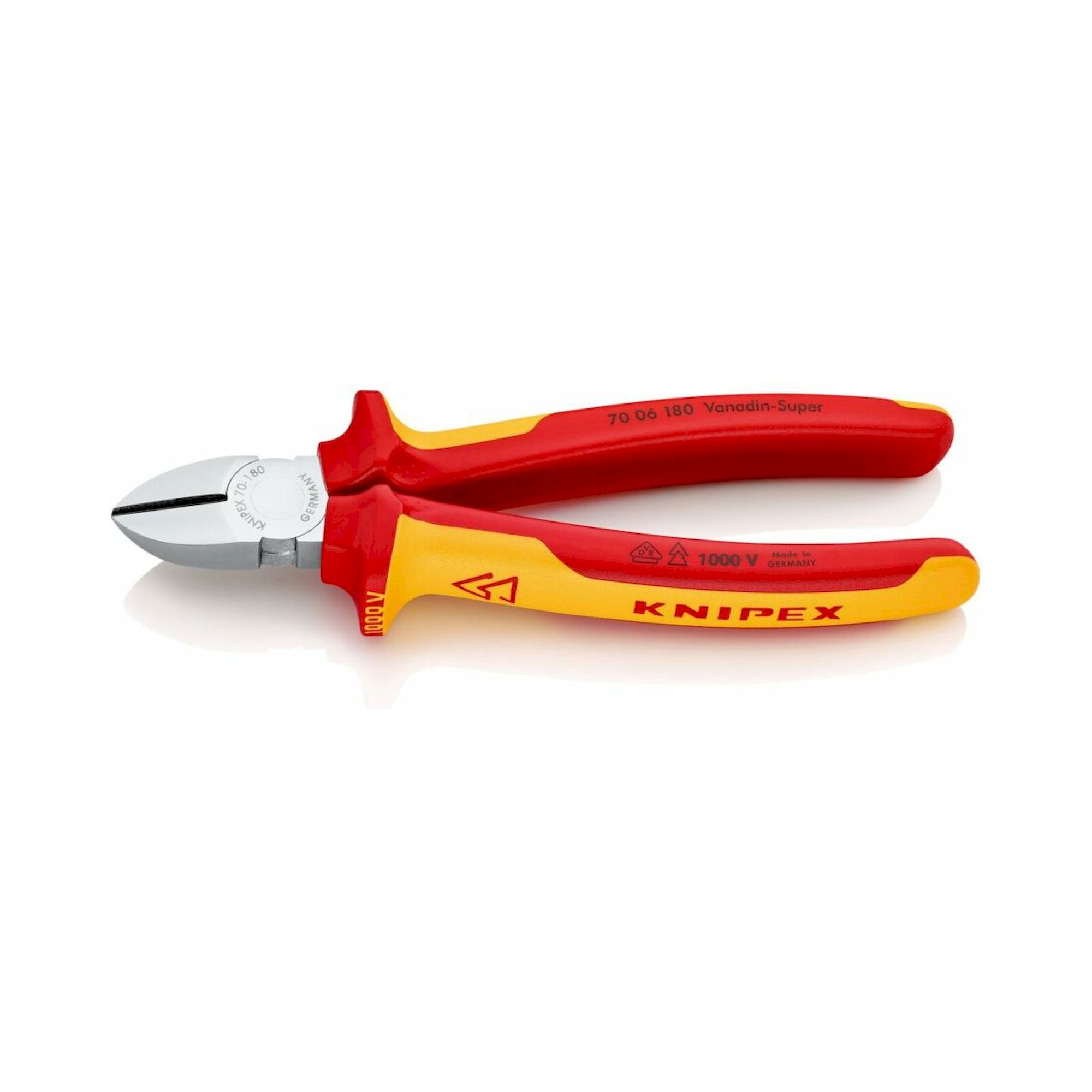 Knipex 70 06 180 SB. Seitenschneider, isoliert, mit Mehrkomponenten-Hüllen, VDE-geprüft, verchromt, 180 mm (SB-Karte/Blister)