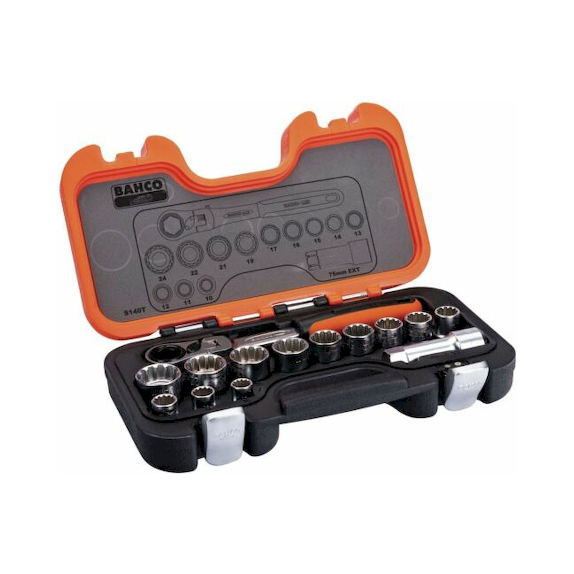 Bahco S140T. Cannulated socket wrench set with swivel head ratchet and extensions, 14 pieces