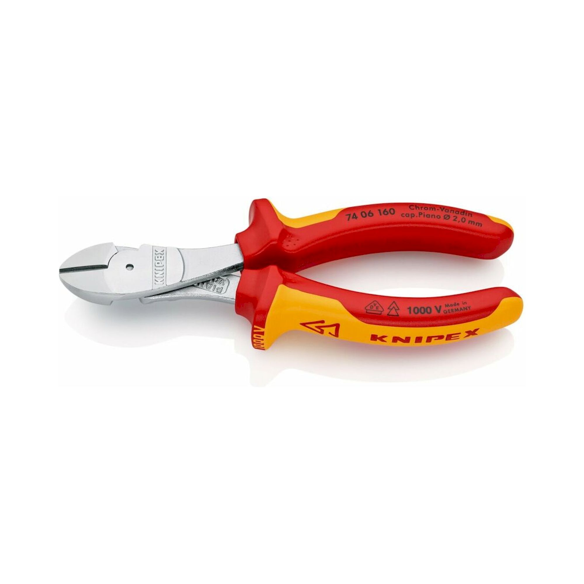 Knipex 74 06 160 SB. Kraft-Seitenschneider, isoliert, mit Mehrkomponenten-Hüllen, VDE-geprüft, verchromt, 160 mm (SB-Karte/Blister)
