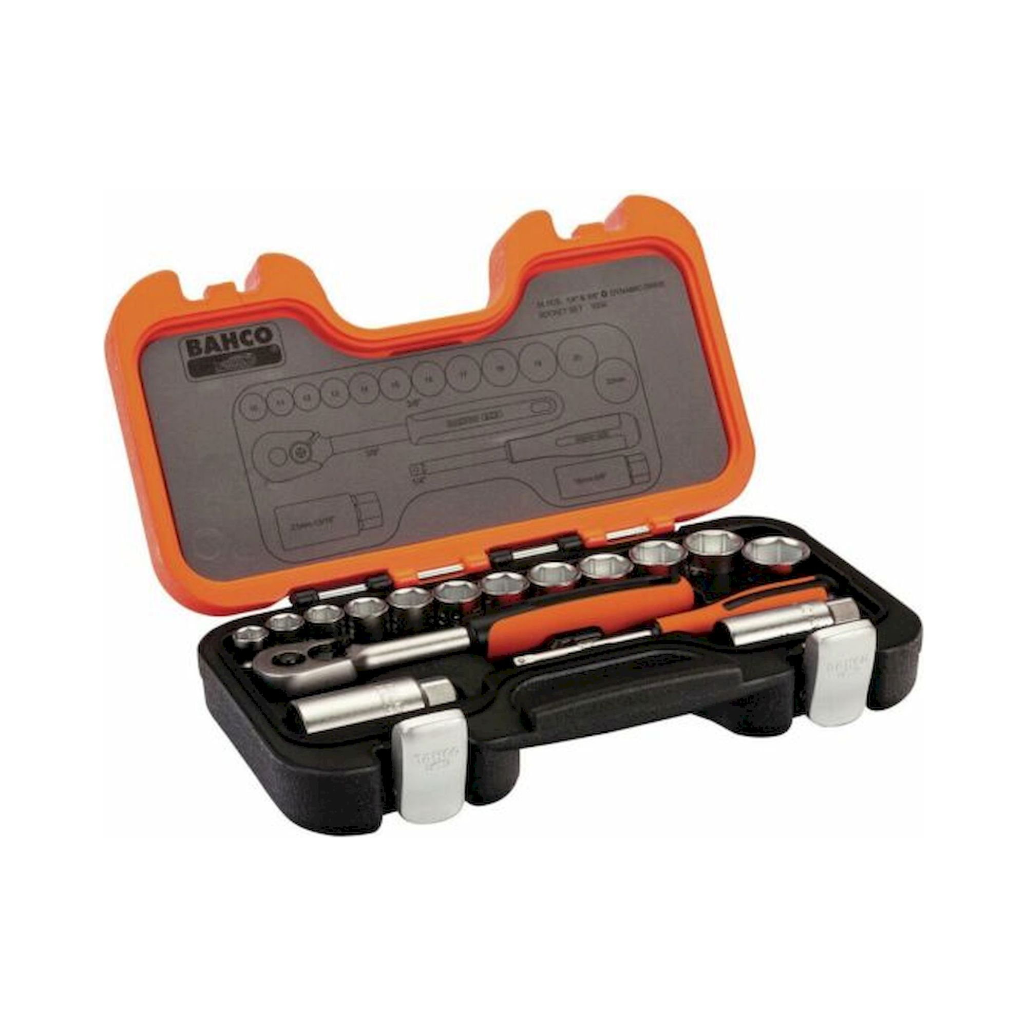 Bahco S330. 1/4" und 3/8" Steckschlüssel-Satz, metrisch, Sechskant, inklusive Umschaltknarre, 34-teilig