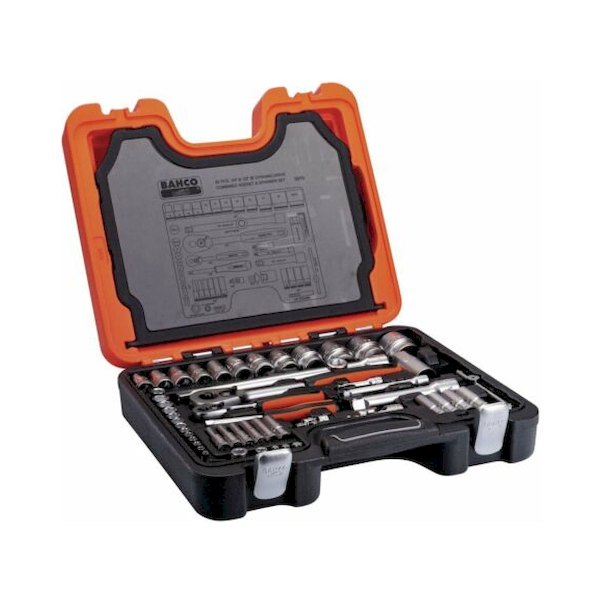 Bahco S910. 1/4" und 1/2" Steckschlüssel-Satz, metrisch, Sechskant, lange Ausführung inklusive Ring-Maulschlüssel-Satz, 92-teilig