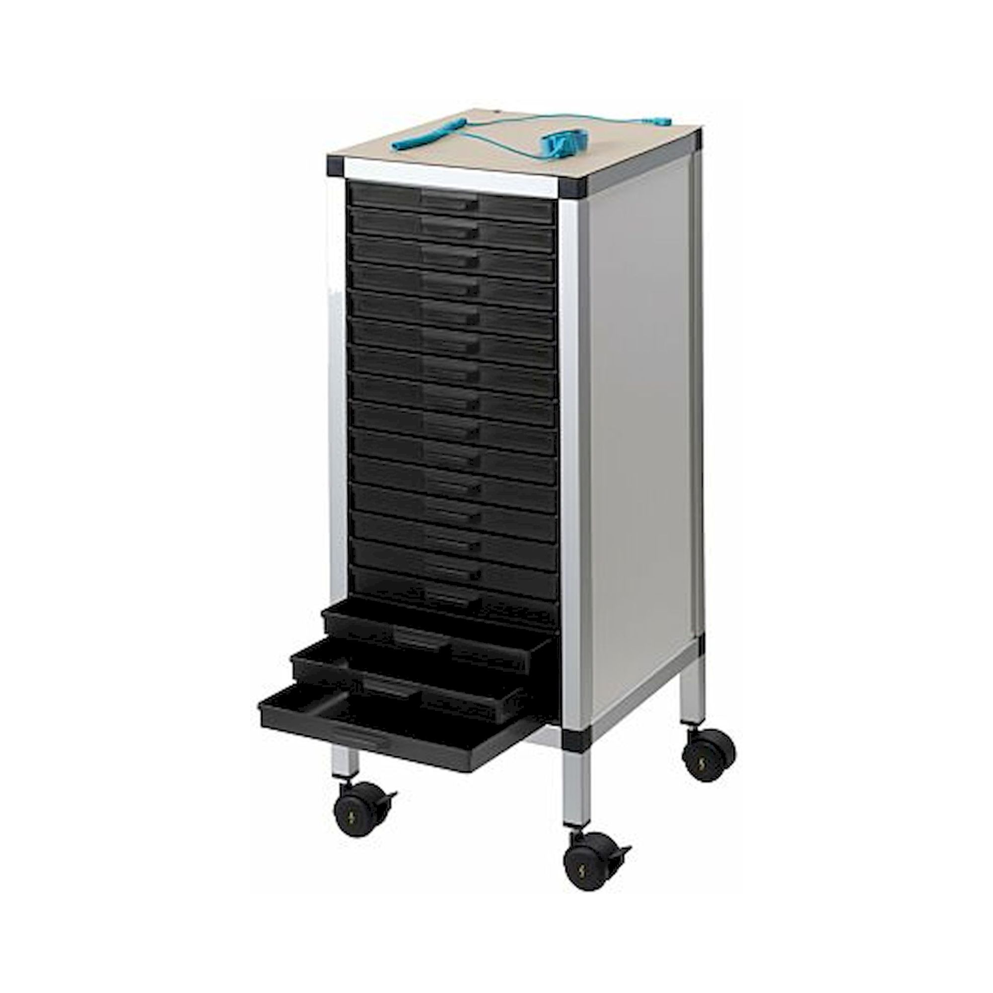 Licefa 8900049. Rollboy Single 340/22 ESD, 18 Schubladen, mit Arbeitsmatte, schwarz, 318 x 365 x 806 mm