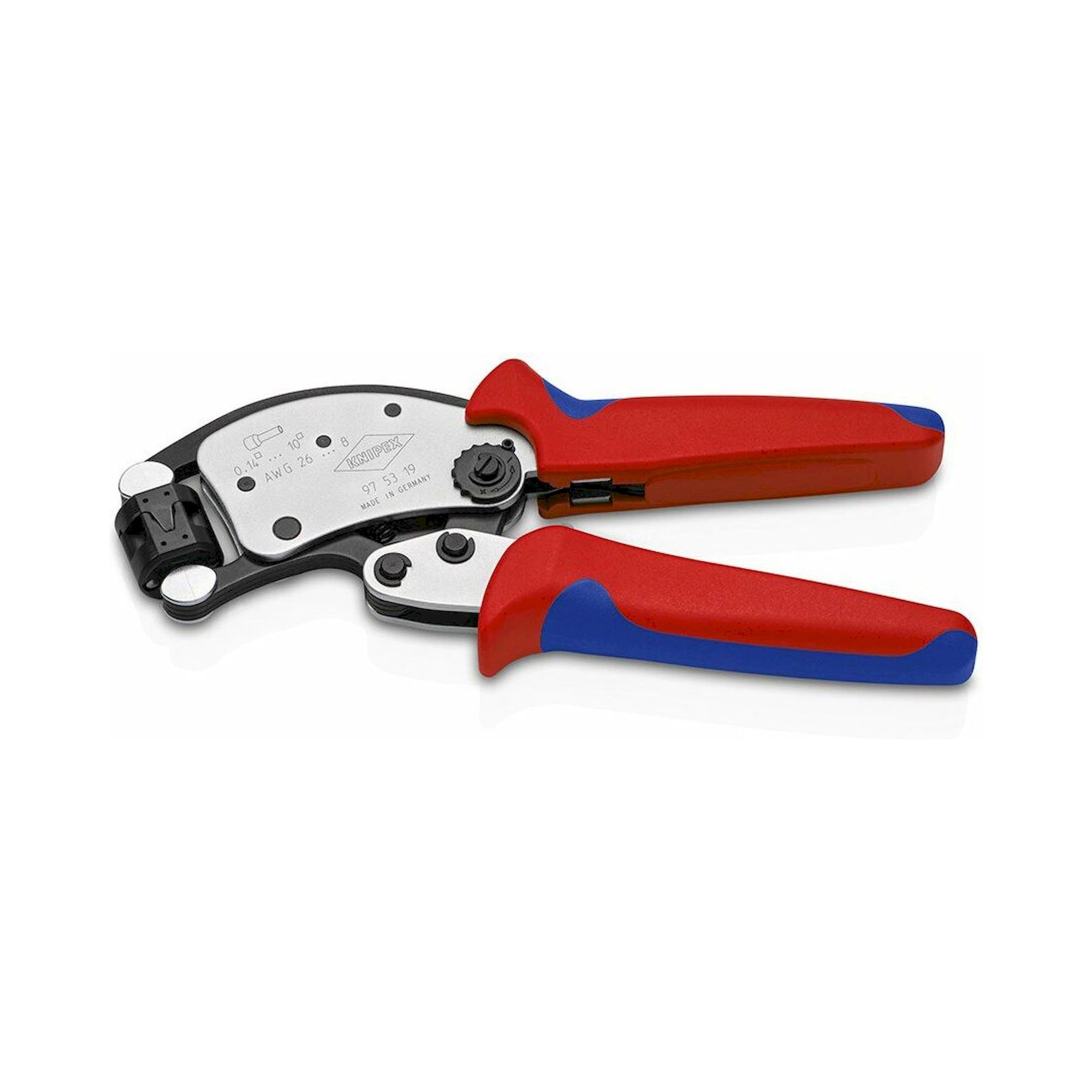 Knipex 97 53 19 SB. Twistor® T Selbsteinstellende Crimpzange für Aderendhülsen mit drehbarem Crimpkopf mit Mehrkomponenten-Hüllen, verchromt, 200 mm