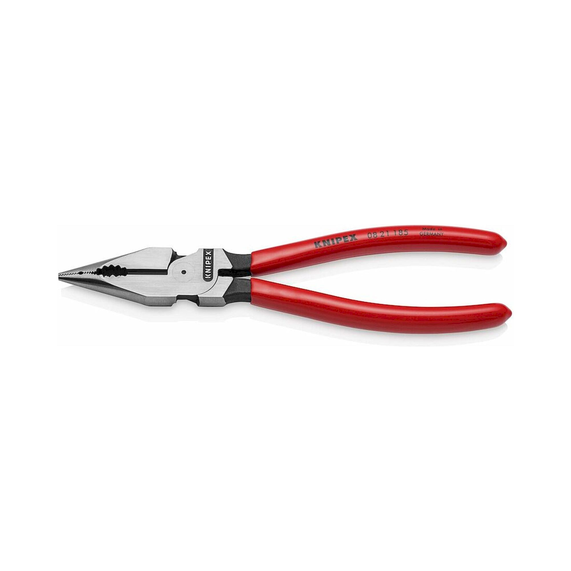 Knipex 08 21 185. Spitz-Kombizange mit Kunststoff überzogen, schwarz atramentiert, 185 mm