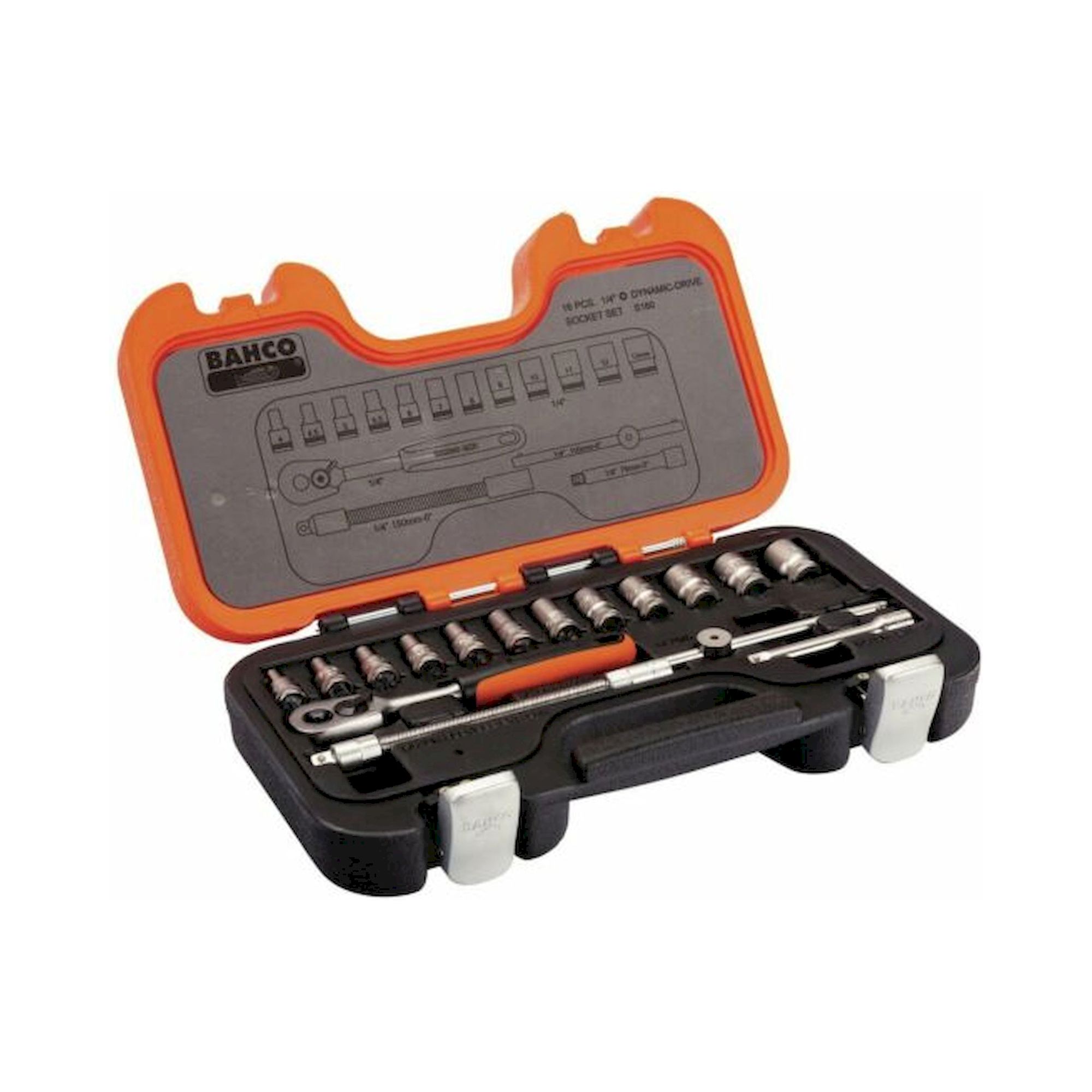 Bahco S160. 1/4" socket wrench set, metric, hexagon, including reversible ratchet, 16 pieces