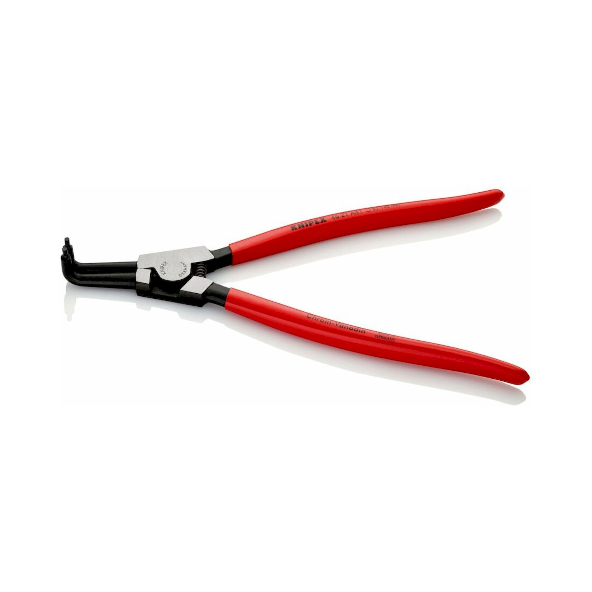 Knipex 46 21 A41 SB. Sicherungsringzange für Außenringe auf Wellen mit Kunststoff überzogen, 90° abgewinkelt, schwarz atramentiert, 300 mm (SB-Karte/Blister)
