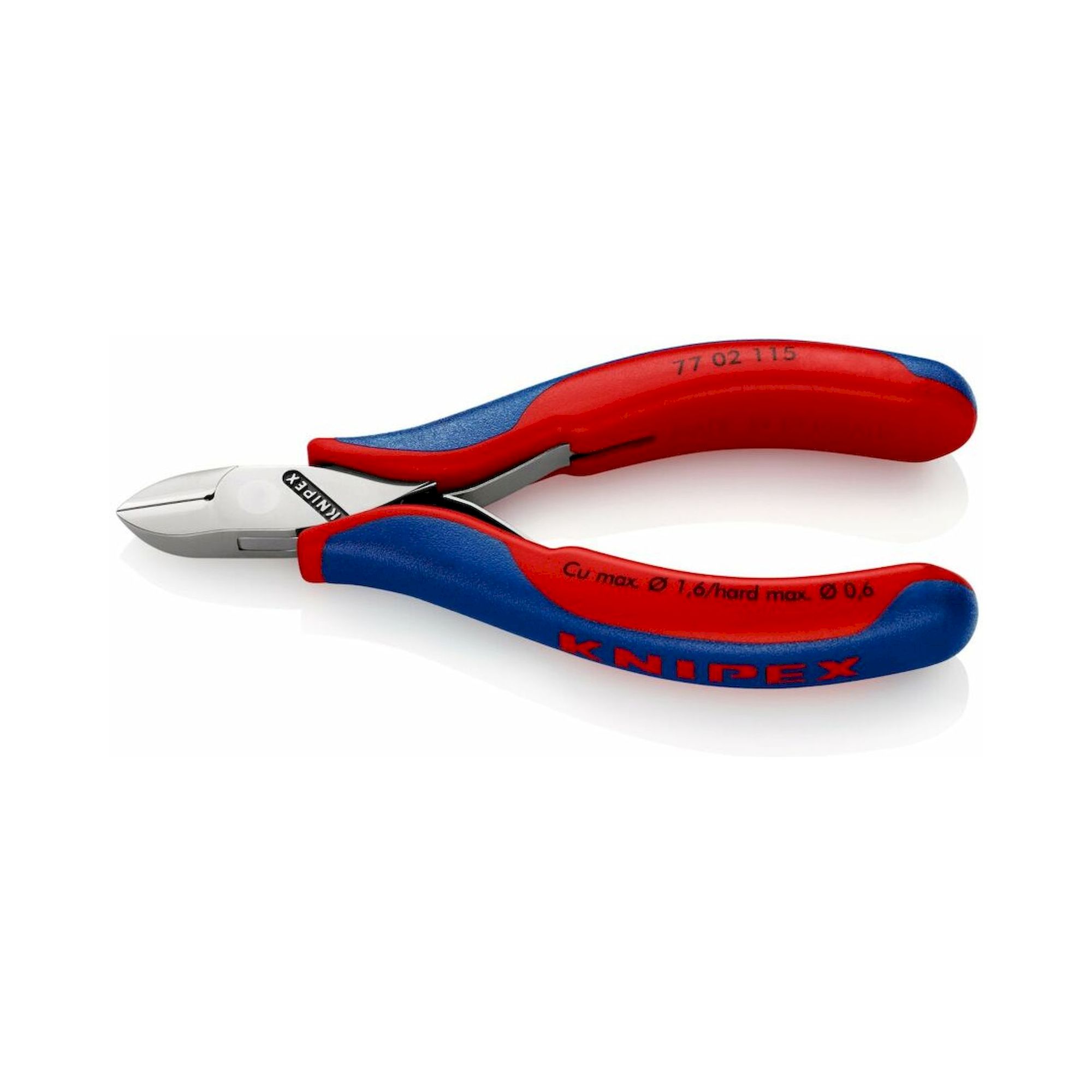 Knipex 77 02 115 SB. Elektronik-Seitenschneider mit kleiner Facette und Öffnungsfeder, Mehrkomponenten-Hüllen, rund, 115 mm (SB-Karte/Blister)