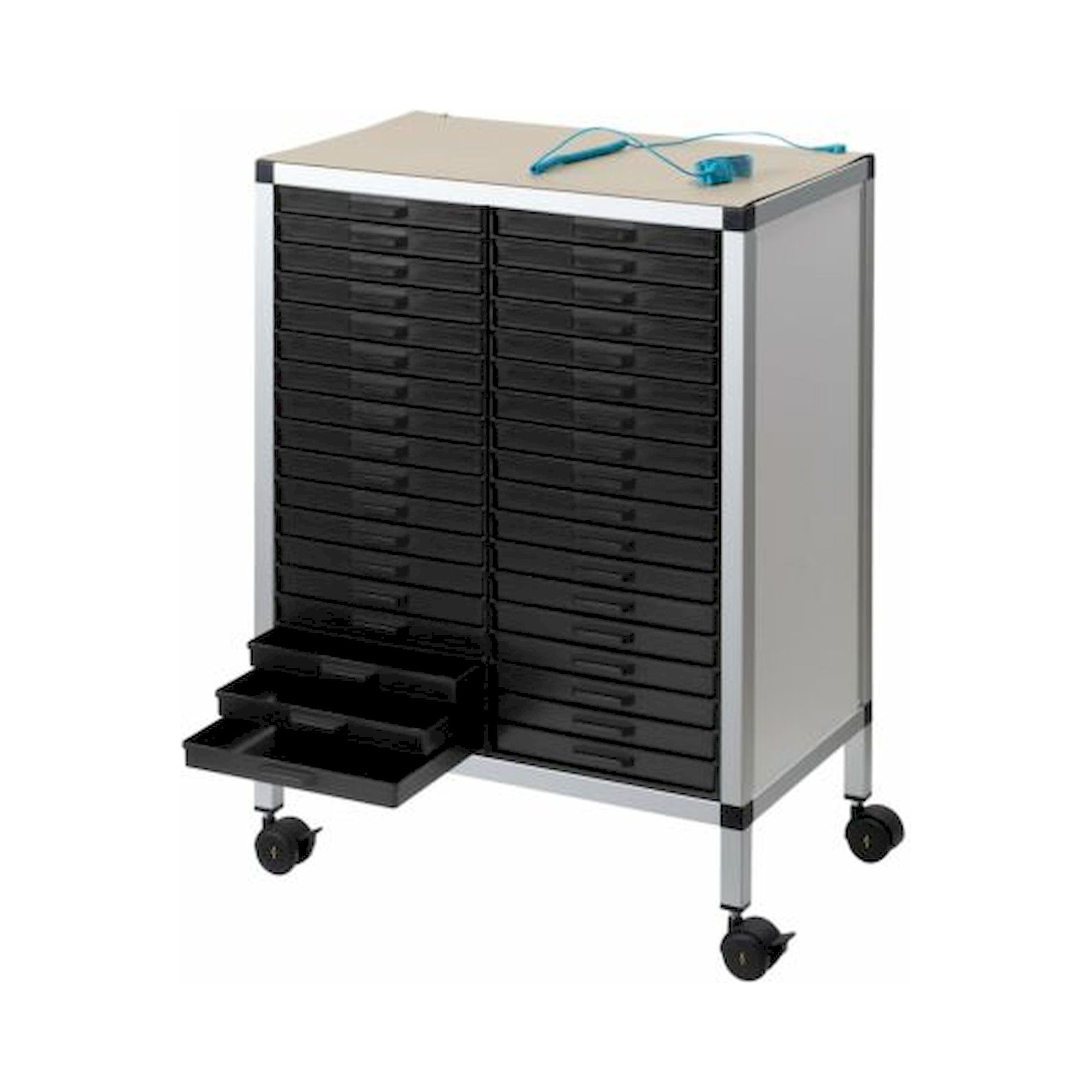 Licefa 8900031. Rollboy Double 340/22 ESD, 36 Schubladen, mit Arbeitsmatte, schwarz, 585 x 365 x 806 mm