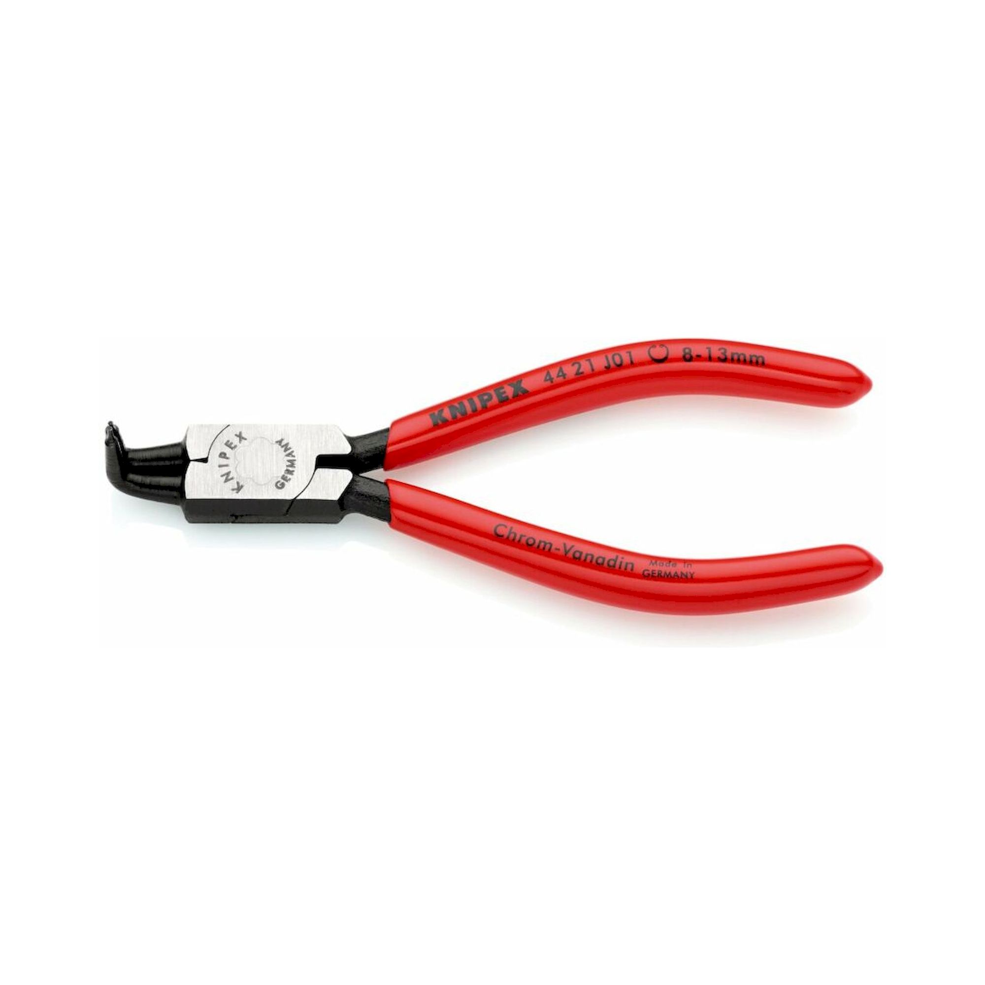 Knipex 44 21 J01 SB. Sicherungsringzange für Innenringe in Bohrungen mit Kunststoff überzogen, 90° abgewinkelt, Ø 8 – 13 mm, schwarz atramentiert, 130 mm (SB-Karte/Blister)
