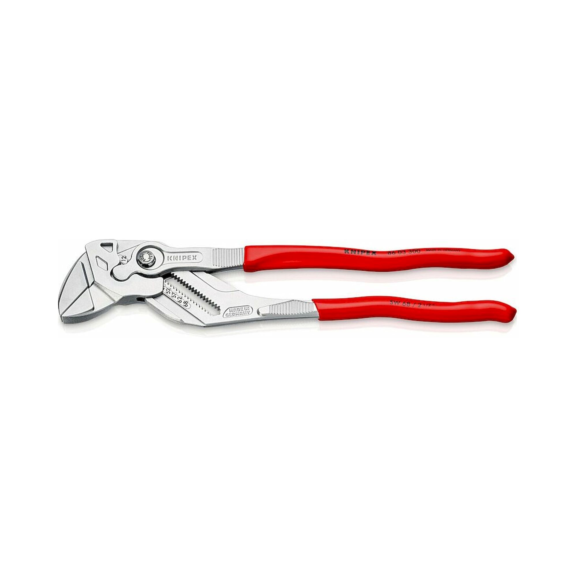 Knipex 86 03 300 SB. Zangenschlüssel Zange und Schraubenschlüssel in einem Werkzeug mit Kunststoff überzogen, verchromt, 300 mm (SB-Karte/Blister)