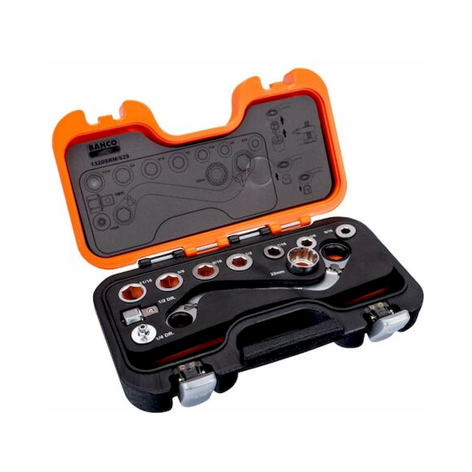 Bahco 1320SRM/S29. Knarren-Ringschlüssel-Satz, S-Form und Adapter, 29 Stück/Box