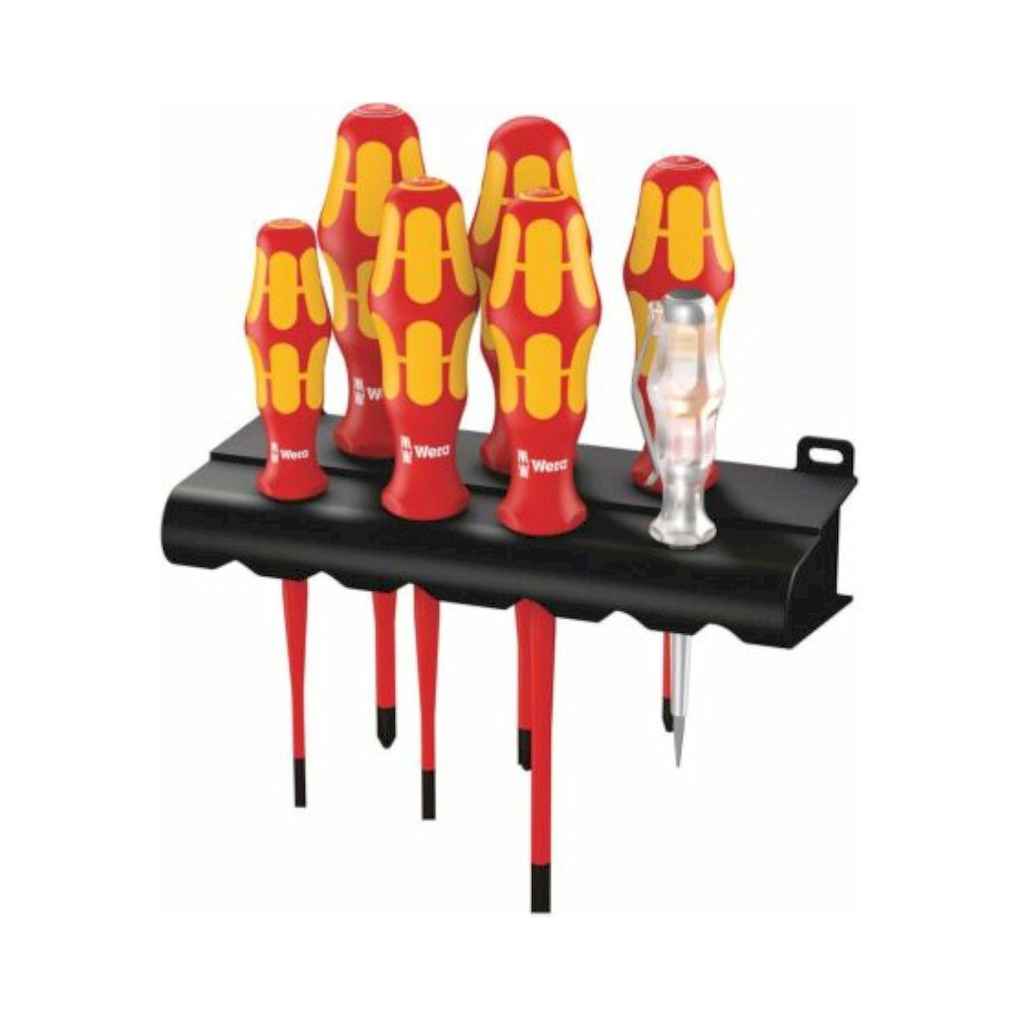 Wera 05006480001. Schraubendrehersatz Kraftform Plus Serie 100 + einpoliger Phasentester + Rack, reduzierter Klingendurchmesser, 7-teilig