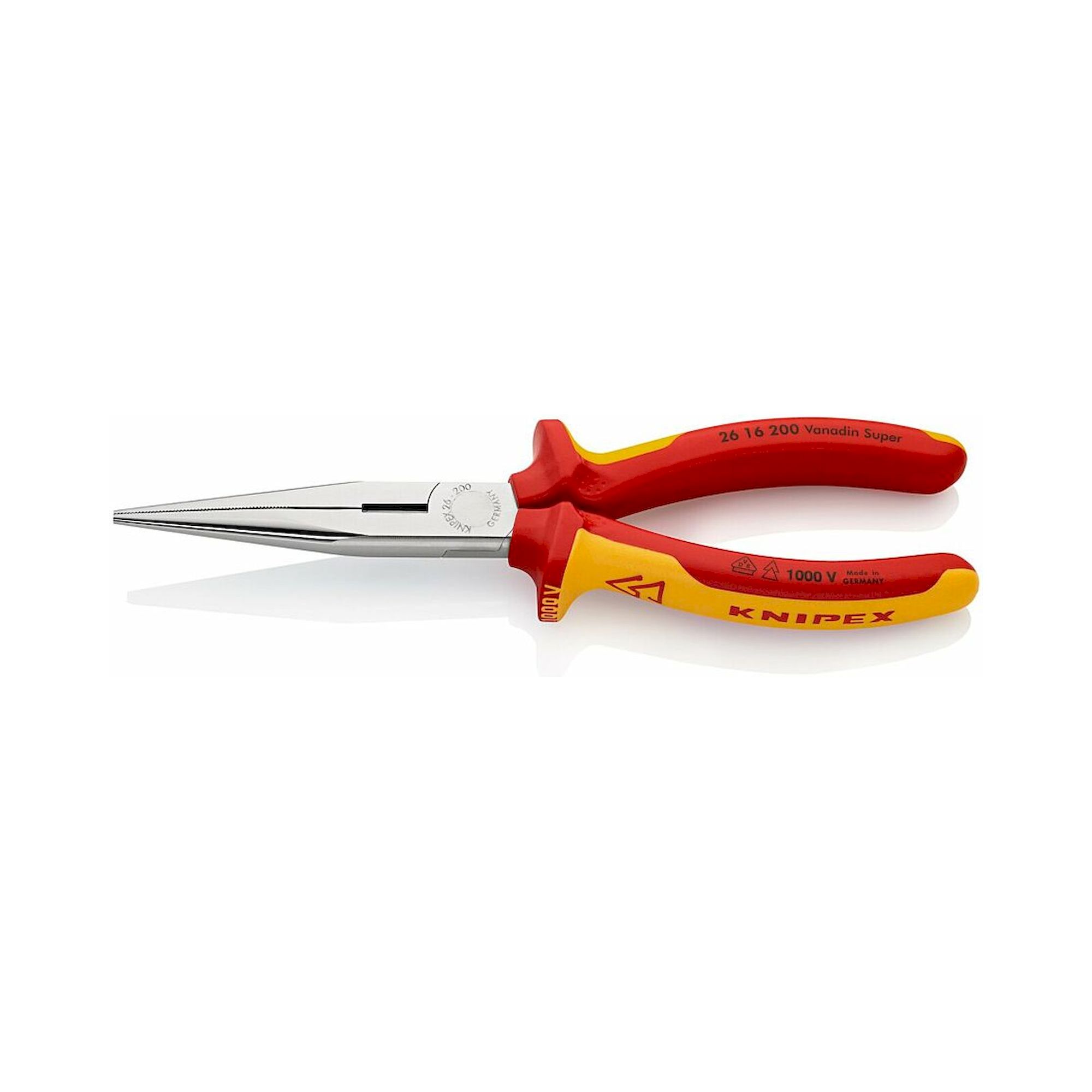 Knipex 26 16 200 SB. Flachrundzange mit Schneide (Storchschnabelzange), isoliert, mit Mehrkomponenten-Hüllen, VDE-geprüft, verchromt, 200 mm (SB-Karte/Blister)