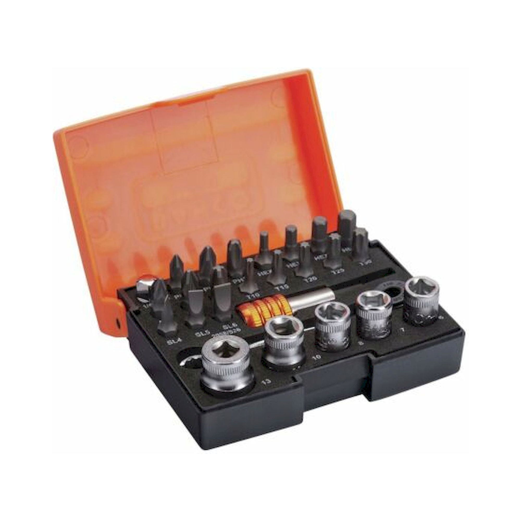 Bahco 2058/S26. Bit socket wrench set with 1/4" bit ratchet and adapter for slotted head screws/Phillips/Pozidriv/Torx/hexagon screws, 26 pieces