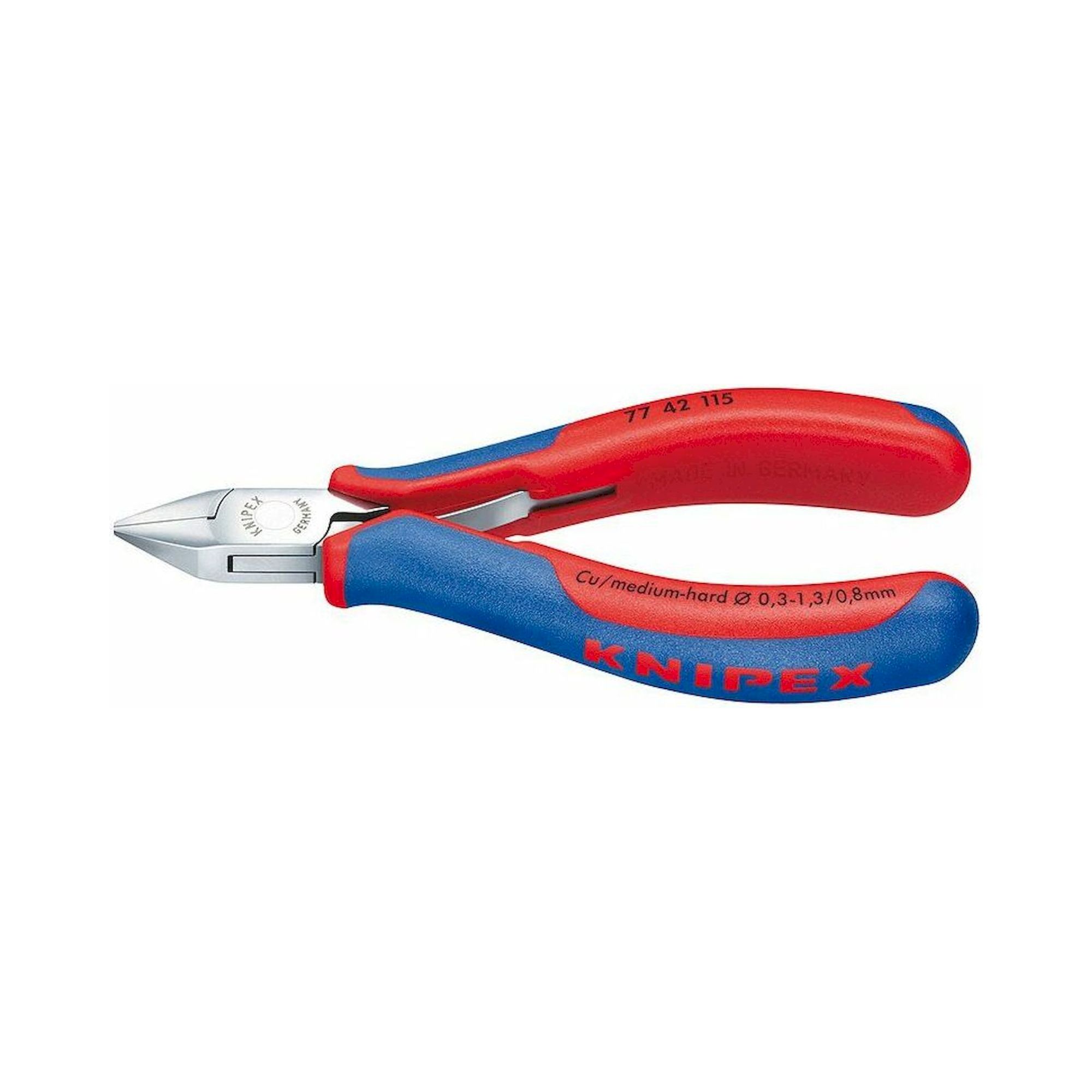 Knipex 77 42 130. Electronics side cutter, pointed, without facet, 130 mm