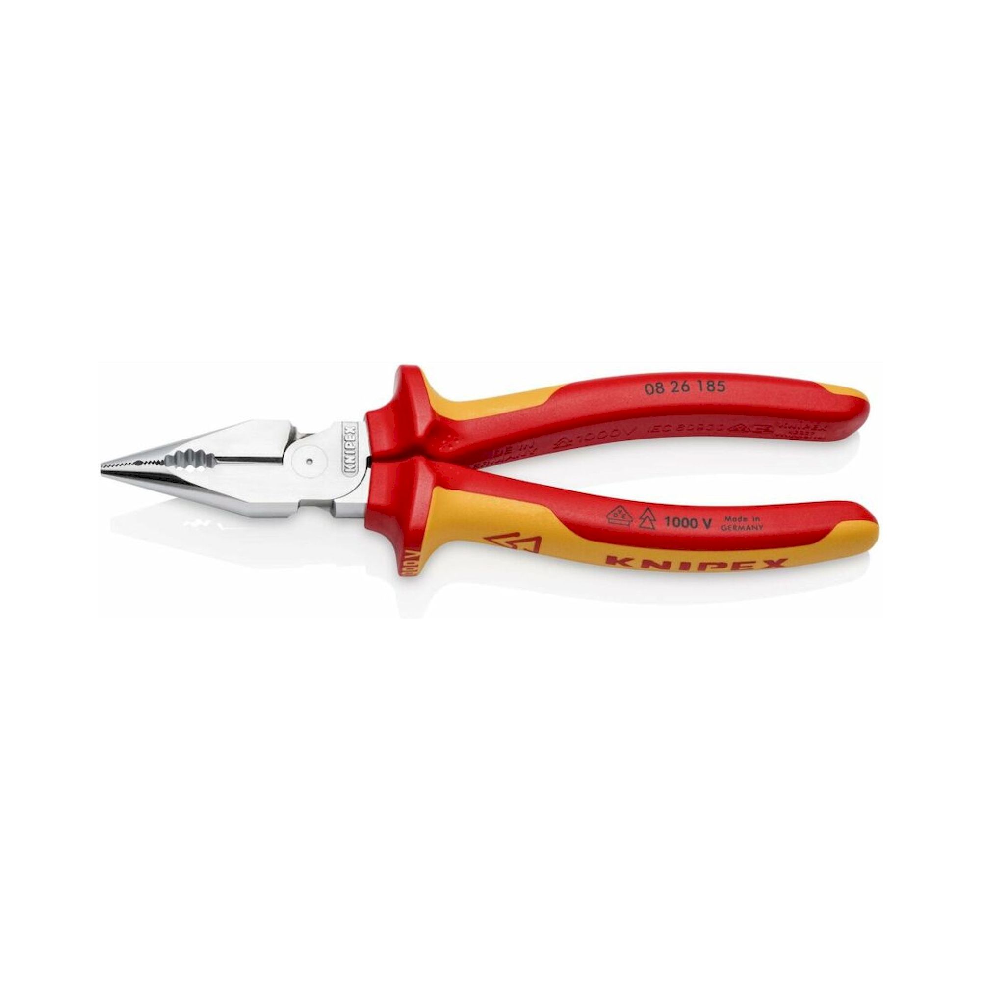 Knipex 08 26 185. Spitz-Kombizange, isoliert, mit Mehrkomponenten-Hüllen, VDE-geprüft, verchromt, 185 mm