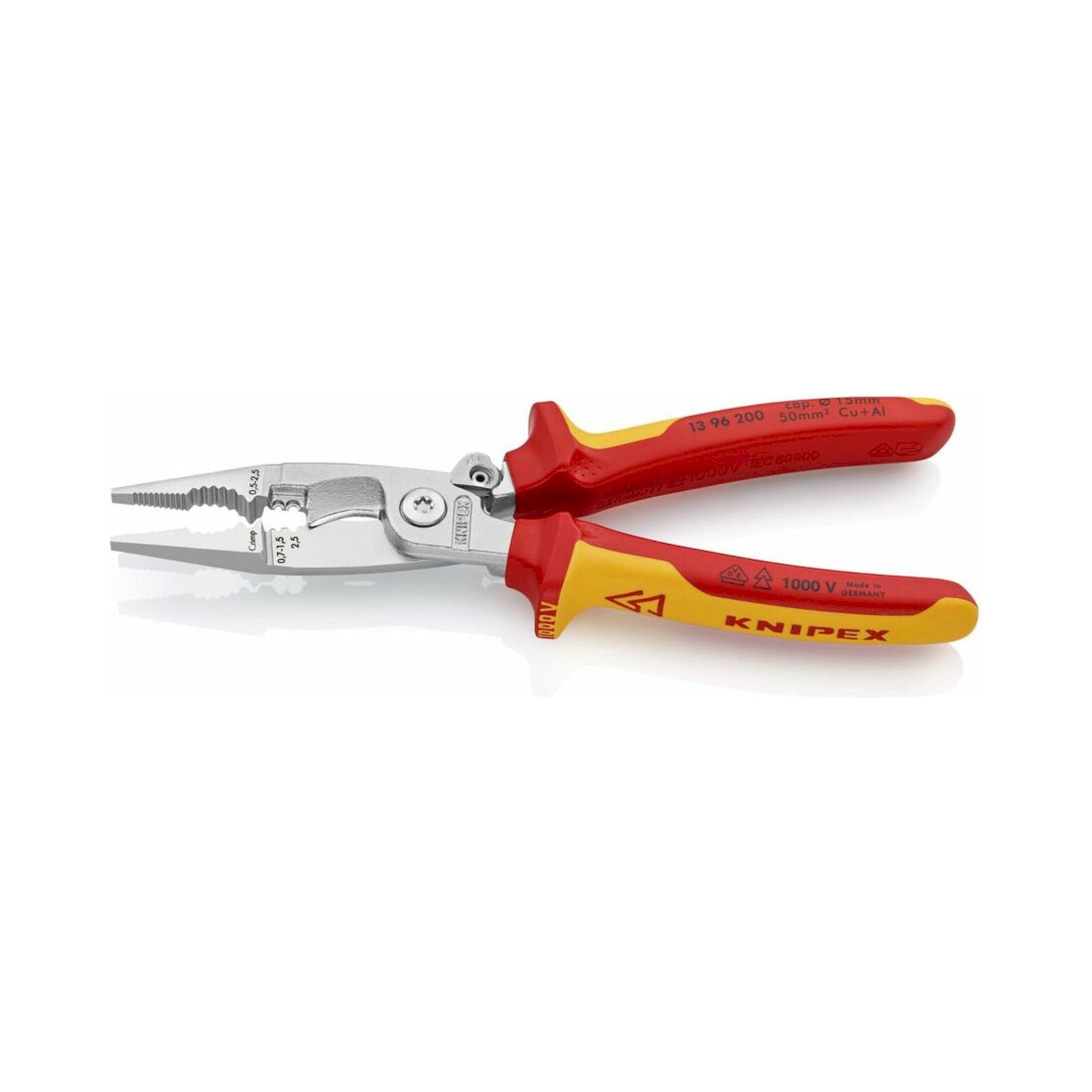 Knipex 13 96 200 SB. Elektro-Installationszange, isoliert, mit Mehrkomponenten-Hüllen, VDE-geprüft, integrierte Öffnungsfeder, verchromt, 200 mm (SB-Karte/Blister)