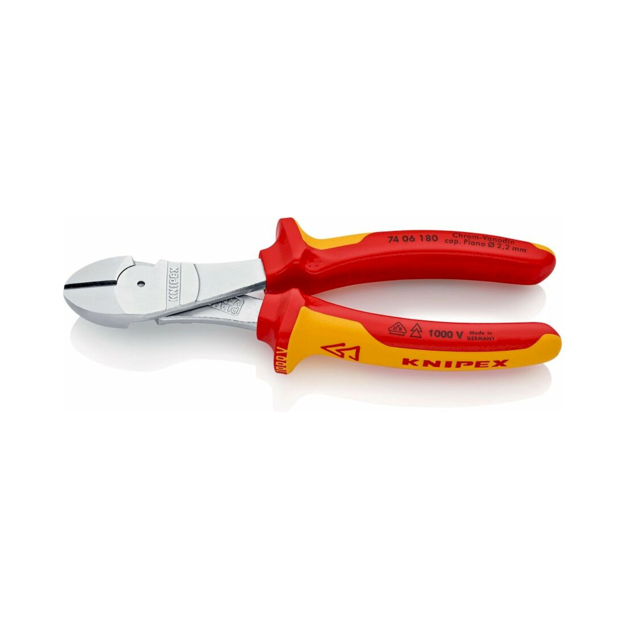 Knipex 74 06 180 SB. Kraft-Seitenschneider, isoliert, mit Mehrkomponenten-Hüllen, VDE-geprüft, verchromt, 180 mm (SB-Karte/Blister)