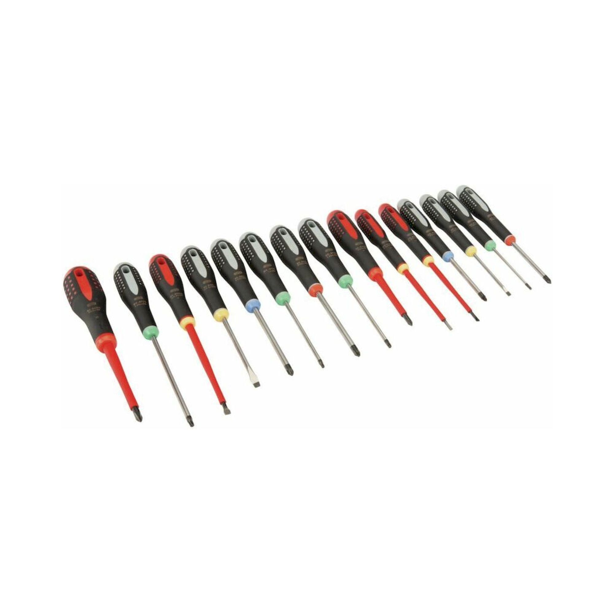 Bahco BE-9877. Ergo Screwdriver set for slotted, Phillips, Pozidriv and Torx screws with rubber handle, 15 pieces