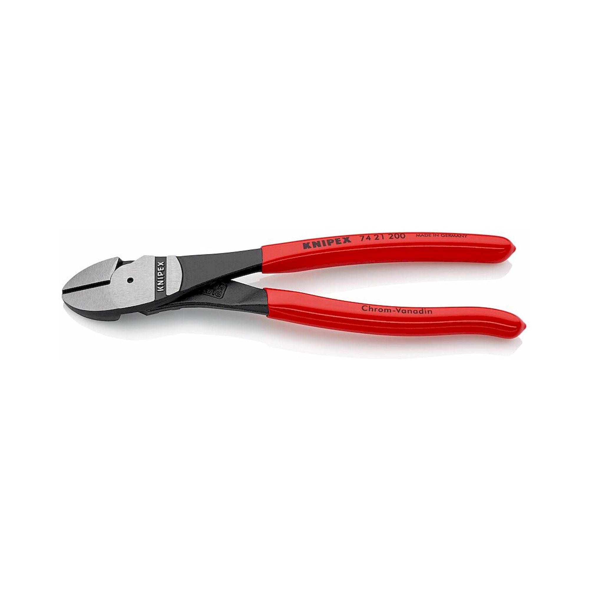 Knipex 74 21 200 SB. Kraft-Seitenschneider mit Kunststoff überzogen, 25° abgewinkelt, schwarz atramentiert, 200 mm (SB-Karte/Blister)