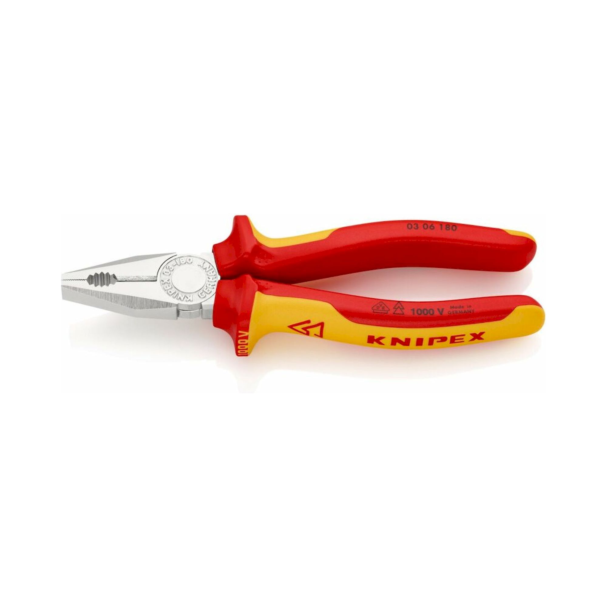 Knipex 03 06 180 SB. Kombizange, isoliert, mit Mehrkomponenten-Hüllen, VDE-geprüft, verchromt, 180 mm (SB-Karte/Blister)