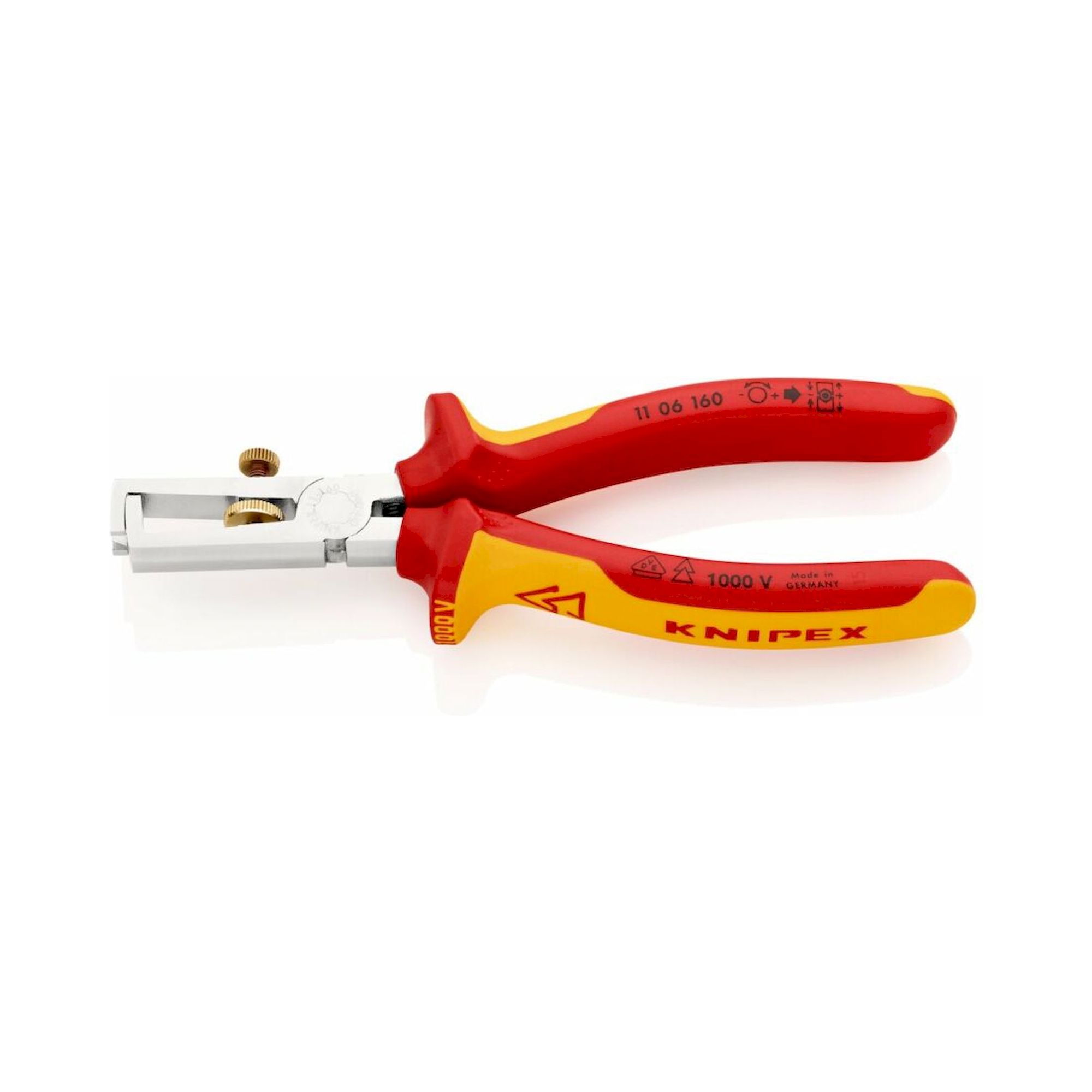 Knipex 11 06 160 SB. Abisolierzange mit Öffnungsfeder, universal, isoliert, mit Mehrkomponenten-Hüllen, VDE-geprüft, verchromt, 160 mm (SB-Karte/Blister)